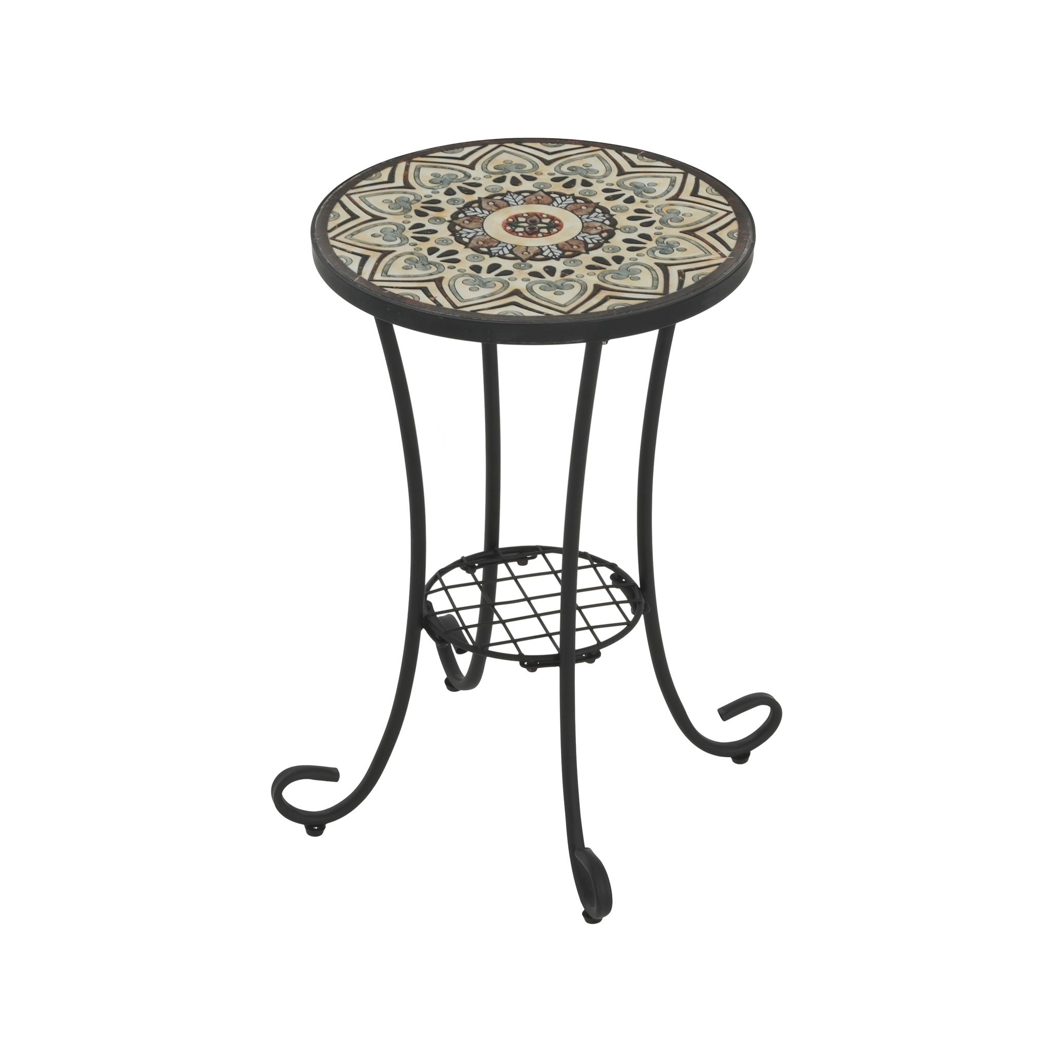Ceramic Tile and Iron Patio Side Table with Shelf