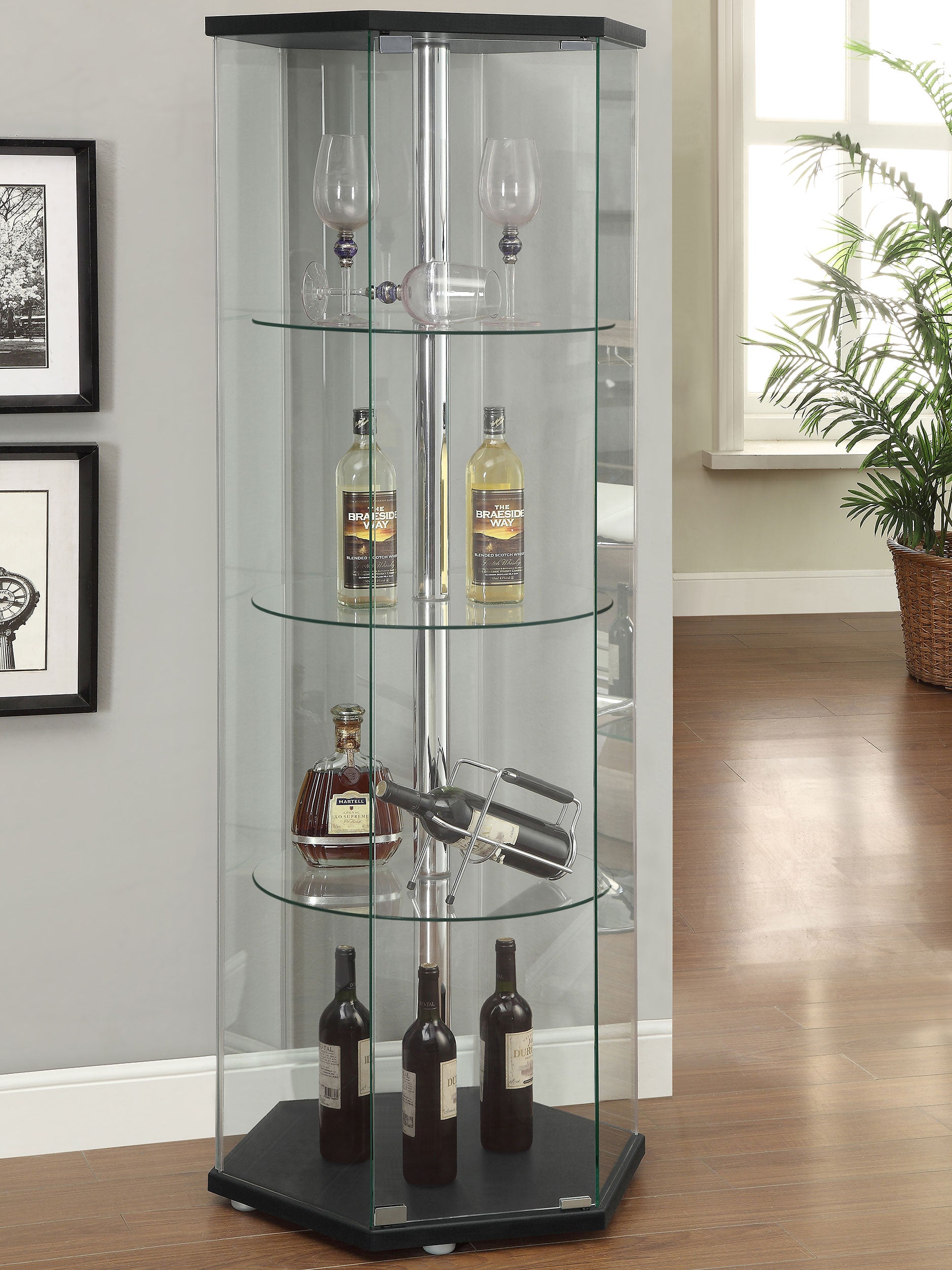 Zahavah 4-shelf Hexagonal Clear Glass Curio Cabinet Black-CoasterEveryday
