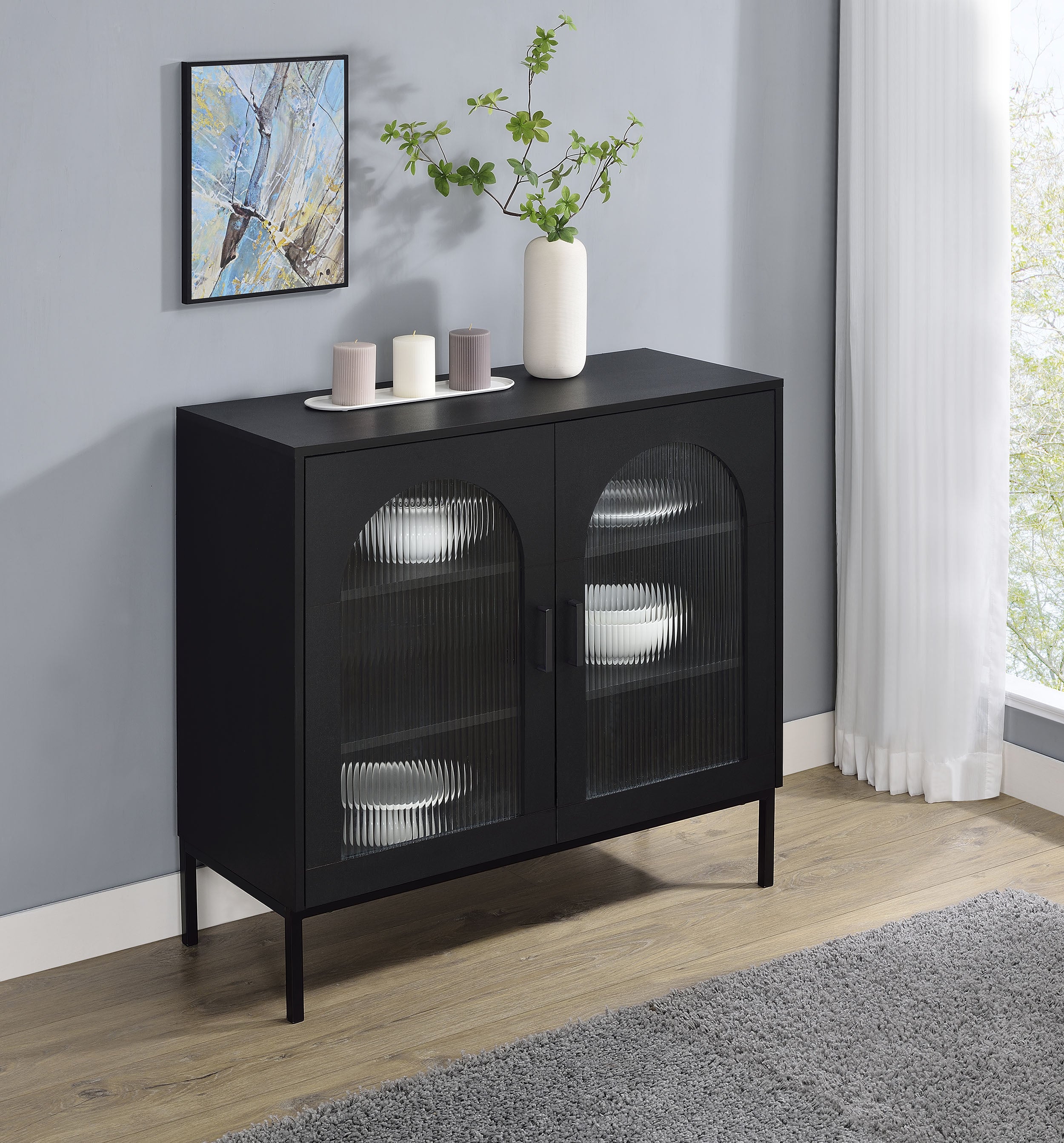 Jess 2-door Arched Fluted Glass Accent Cabinet Black-