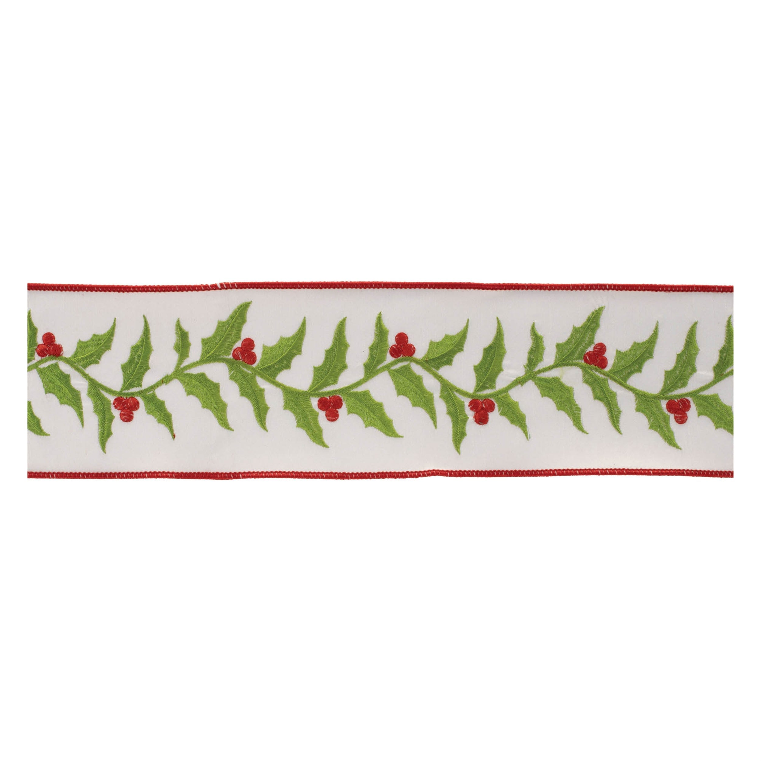 Embroidered holly leaf wired ribbon 4" x 5 yds.