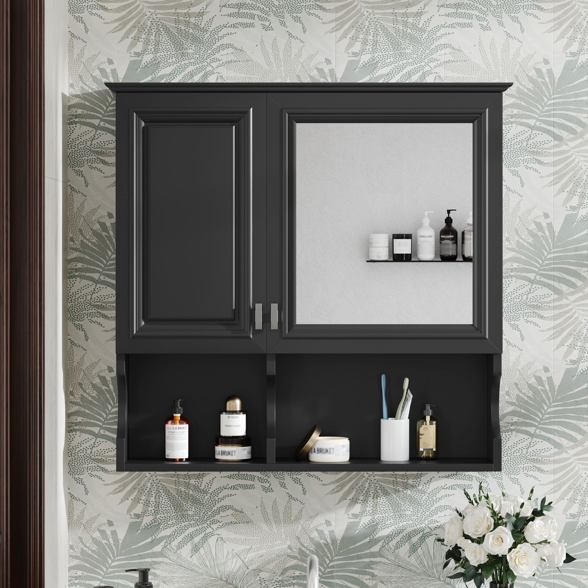 Wall Mounted Mirror Medicine Cabinet, Bathroom Storage With Doors And Open Shelves