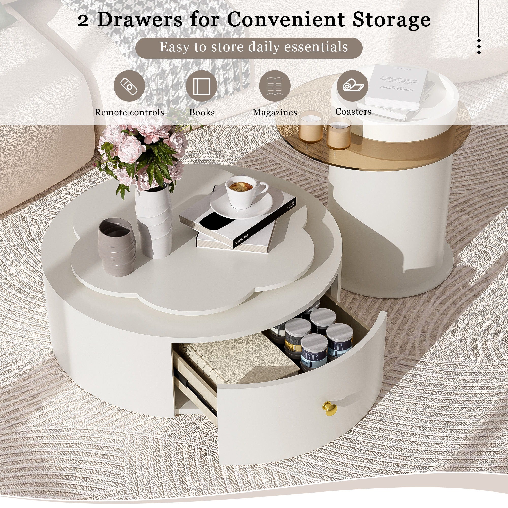 Modern Round Coffee Table (Set of 2), 360 Degree Rotatable Flower Shaped Top With 2 Drawers, Top Circle Side Table End Table With Glass For Living Room - Off White