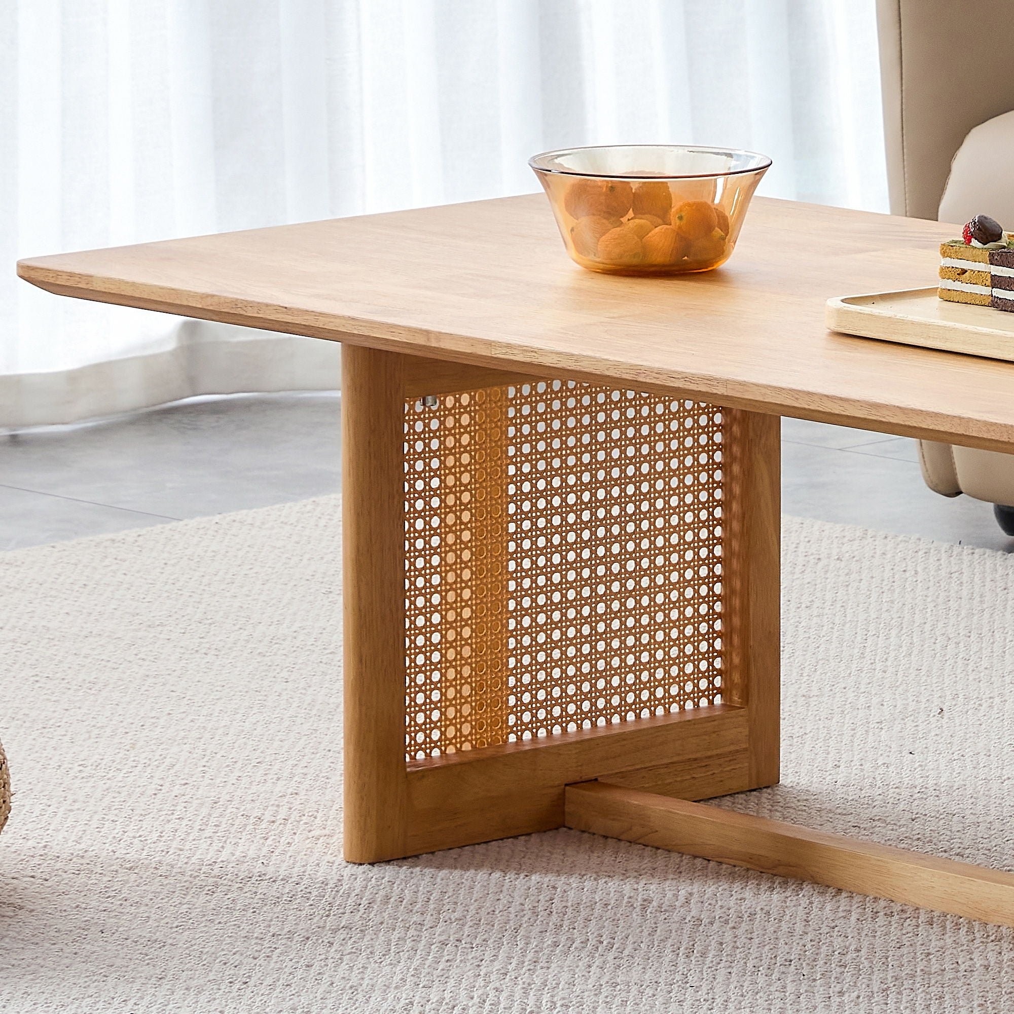 Chinese Style White Solid Wood And Imitation Rattan Coffee Table