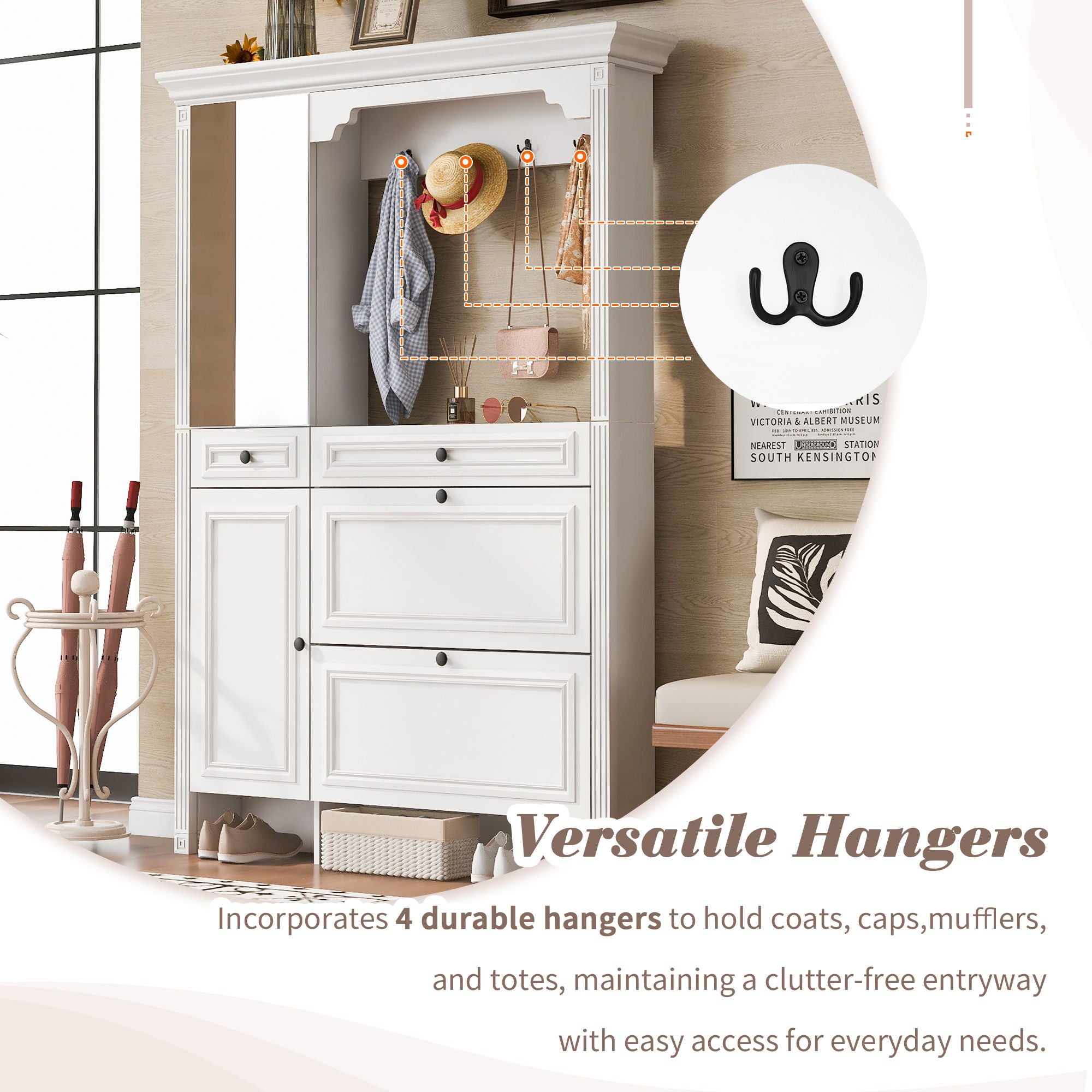 Hall Tree With Integrated Shoe Cabinet And Mirrored Cabinet Door, Coat Hanger, Entryway Bench, 4 In 1 Design, 2 Flip Drawers, 4 Hooks And 2 Cabinets For Entrance, Living Room - White