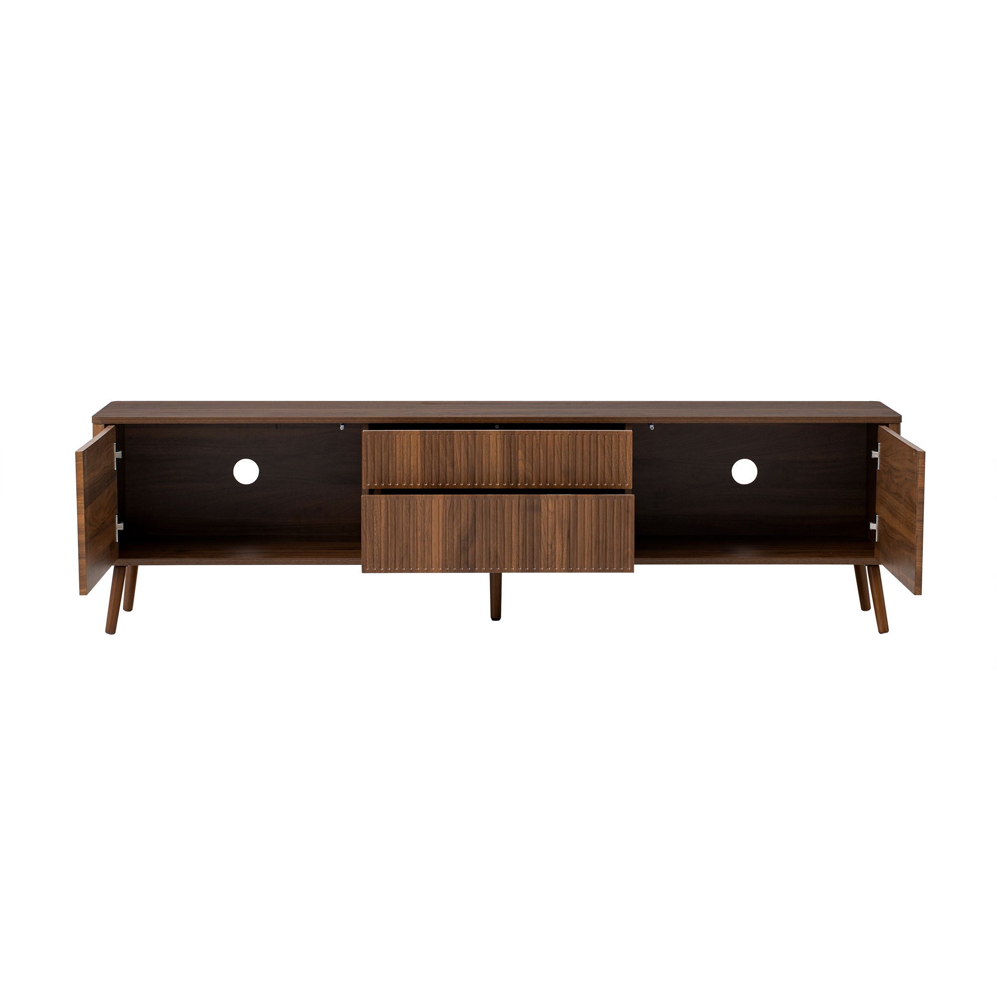 Fluted TV Stand With Storage Drawers And Cabinets For TVs Up To 80", Soft-Close Hinges, Cable Management - Walnut
