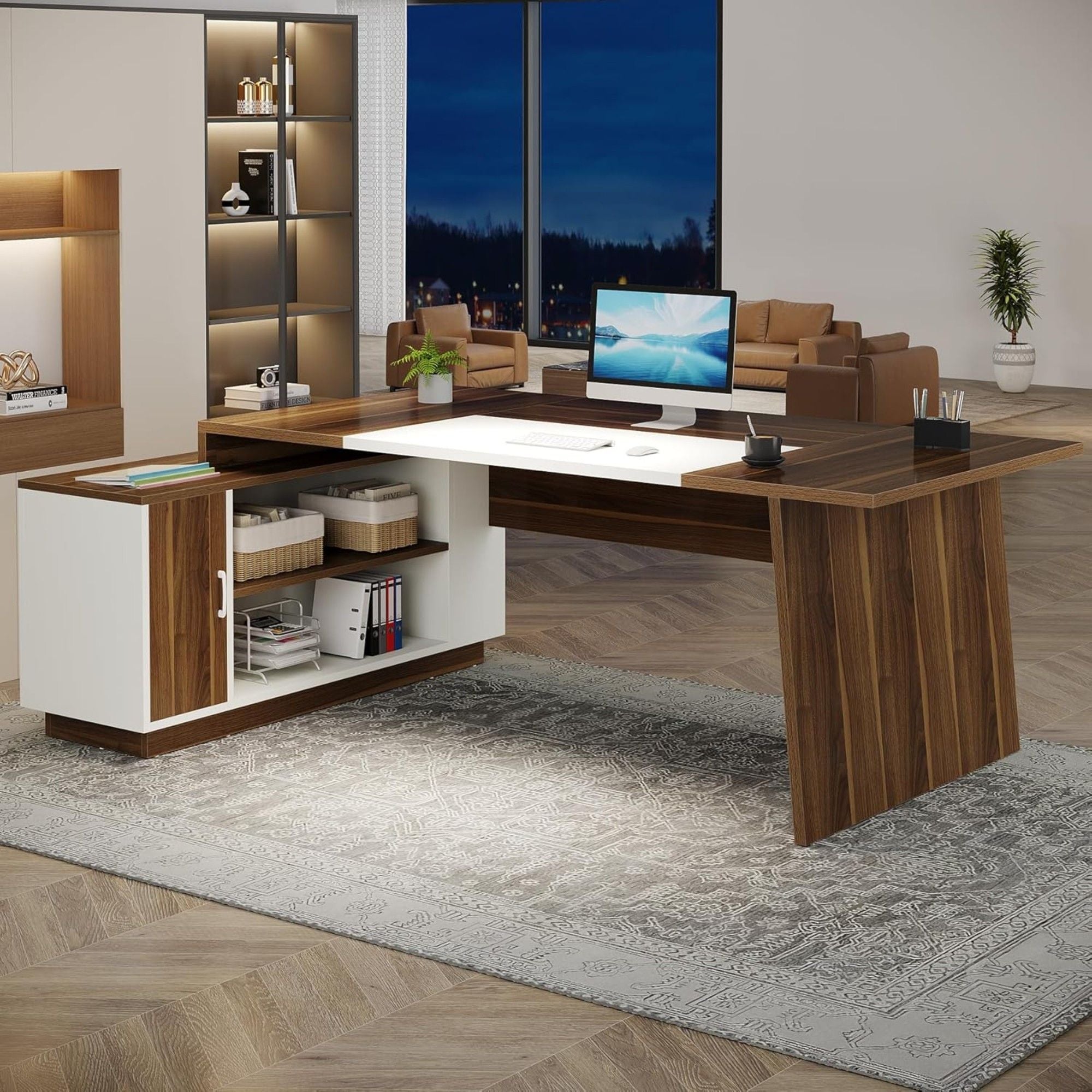 L-Shaped Executive Desk With Storage Cabinet And Shelves For Home Office - White / Walnut