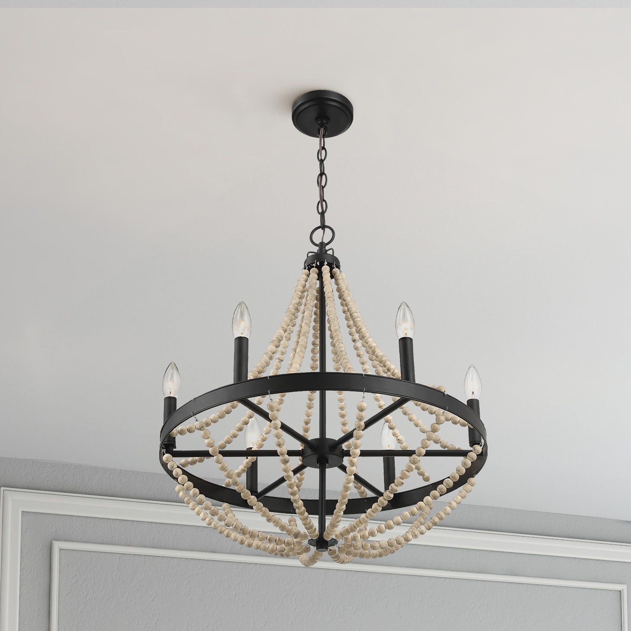 Starry - Chandelier Farmhouse Six Candle Light Wood Beaded Pendant Light For Dining Room - Black / Clear