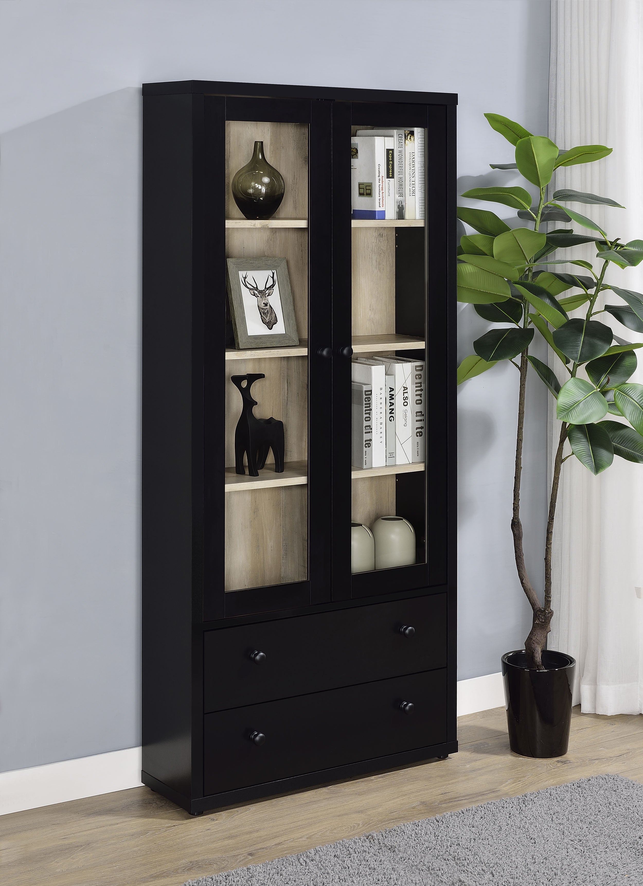 Hawthorne 4-shelf Glass Door Cabinet with Drawers Black-
