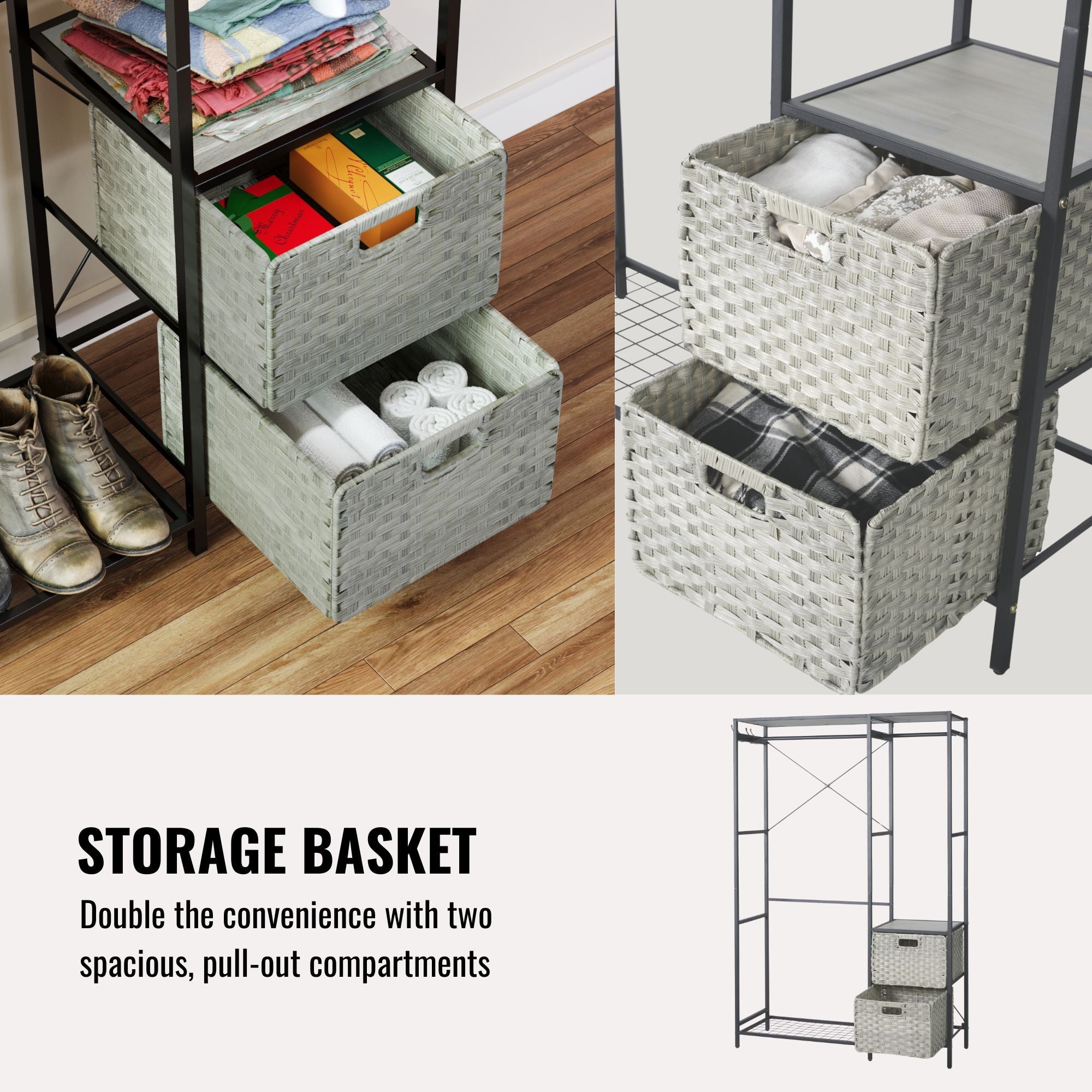 Garment Rack With Shelves, 2 Wicker Drawers, 4 Hooks, Organizer