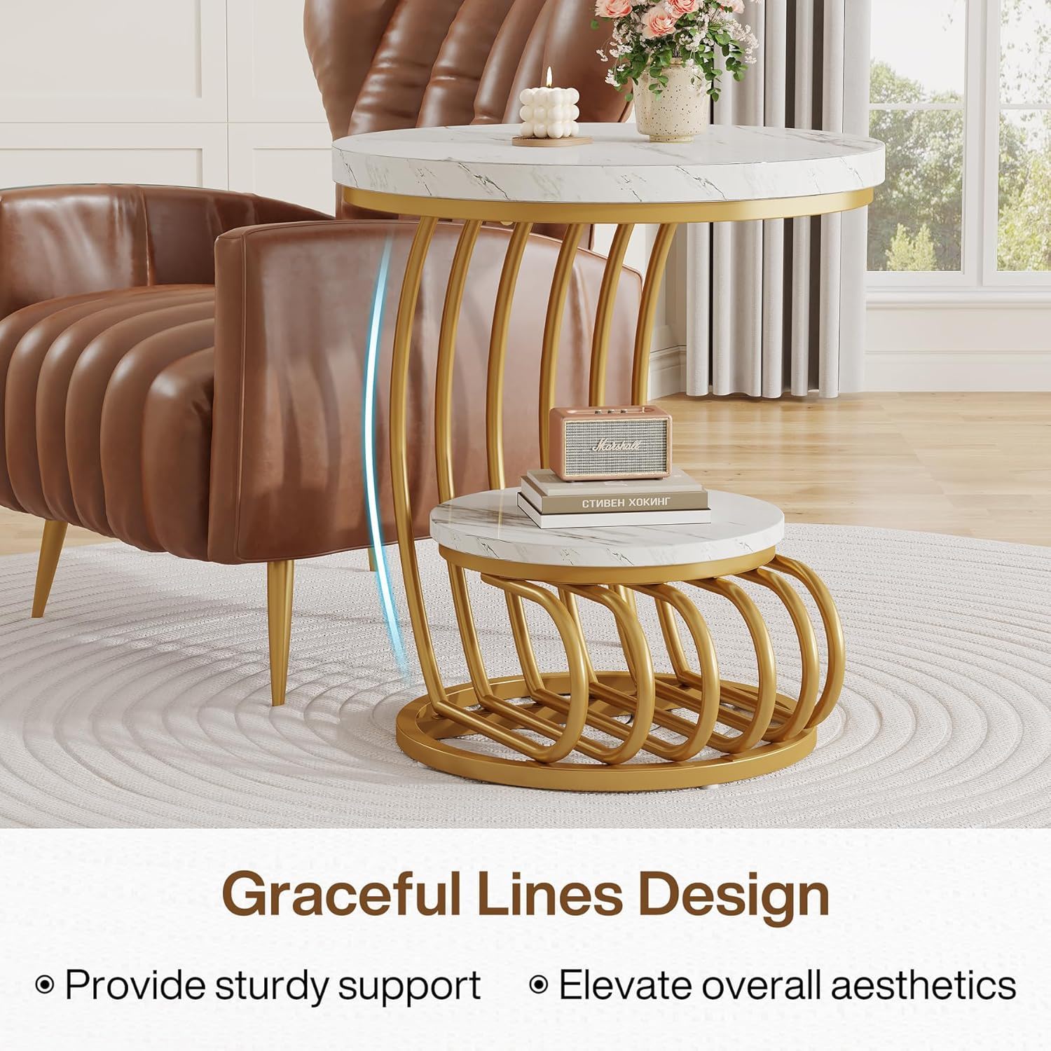 Round Vintage End Table With 2 Tier Storage