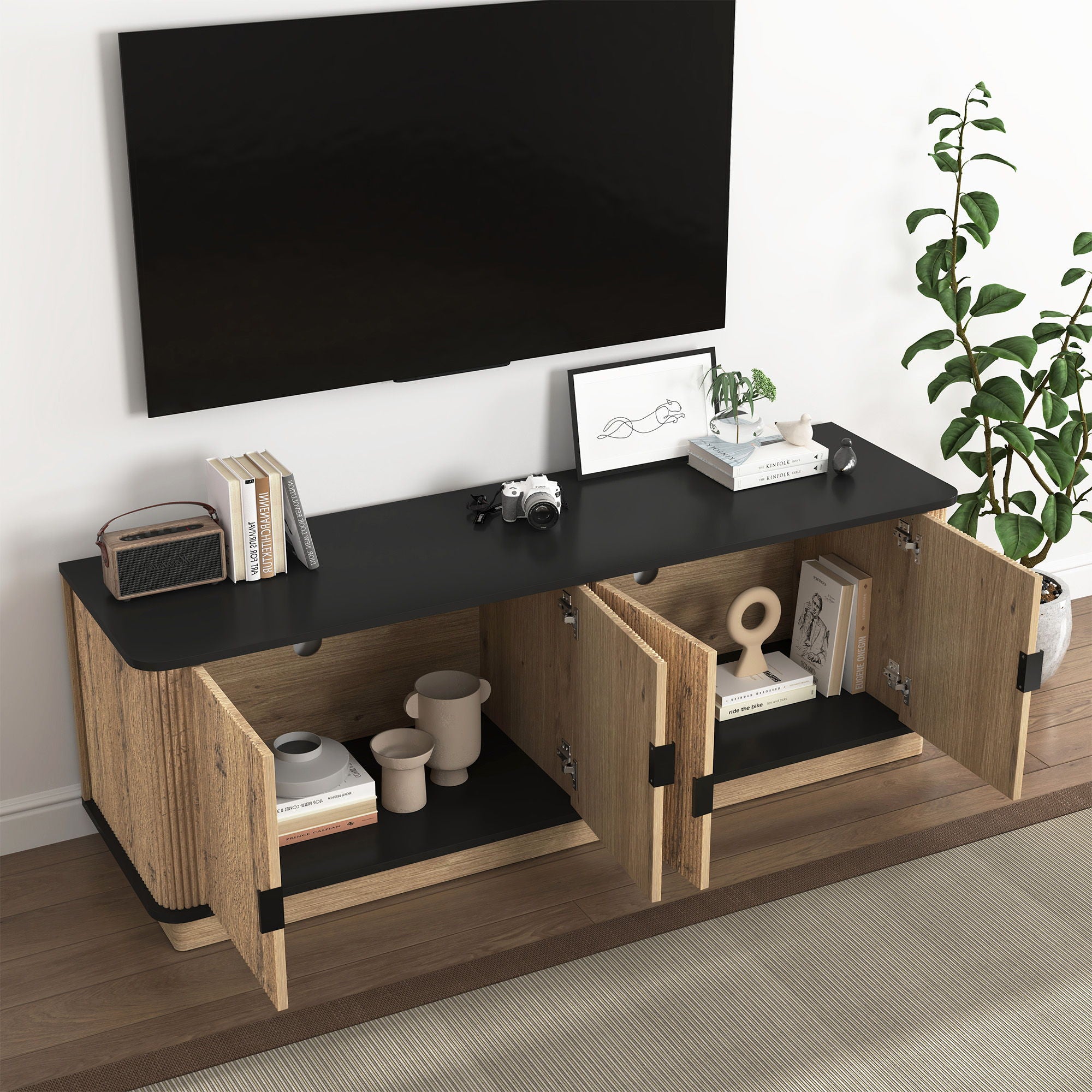 Grain 4 Door TV Cabinet, An Ideal Choice For TV And Item Storage In Modern Homes, A Perfect Blend Of Nordic And Modern Minimalist Styles - Black