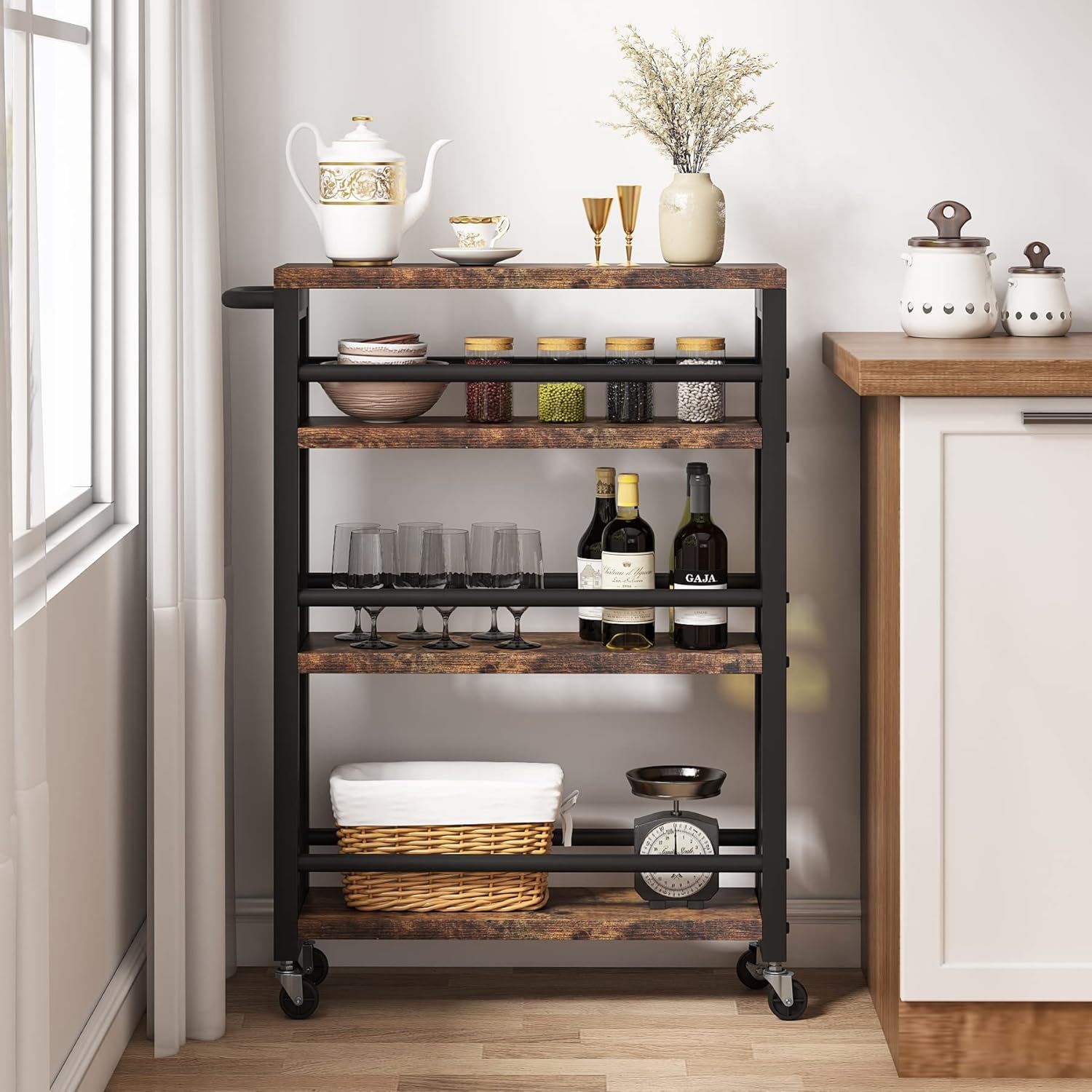 Slim 4 Tier Rolling Utility Cart With Wheels, Narrow Kitchen Storage Trolley - Brown / Black