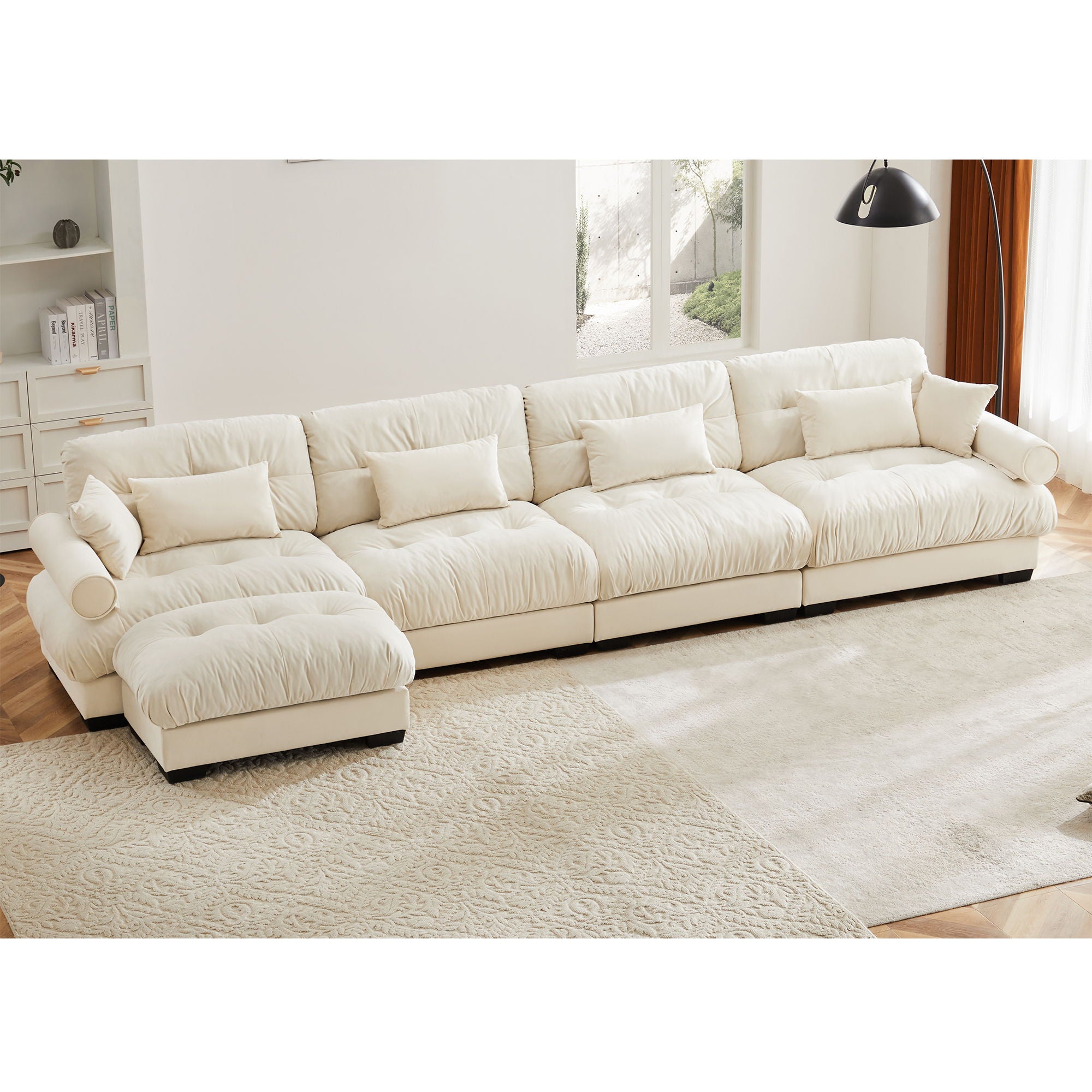 Modern Sectional Sofa With Ottoman, Round Bolster Armrests, Waist And Throw Pillows