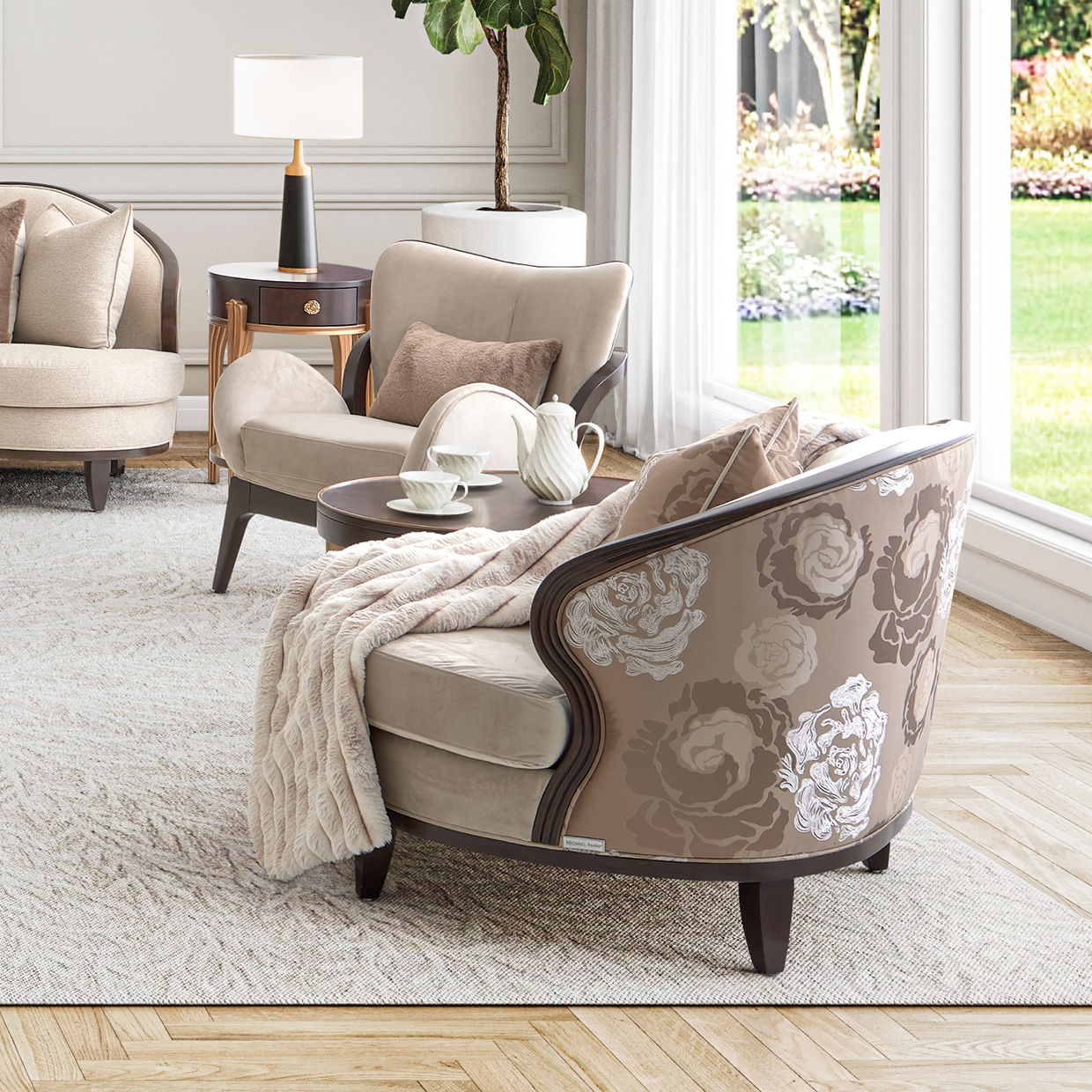 Camellia Field - Velvet Matching Chair - Beige / Dark Brown