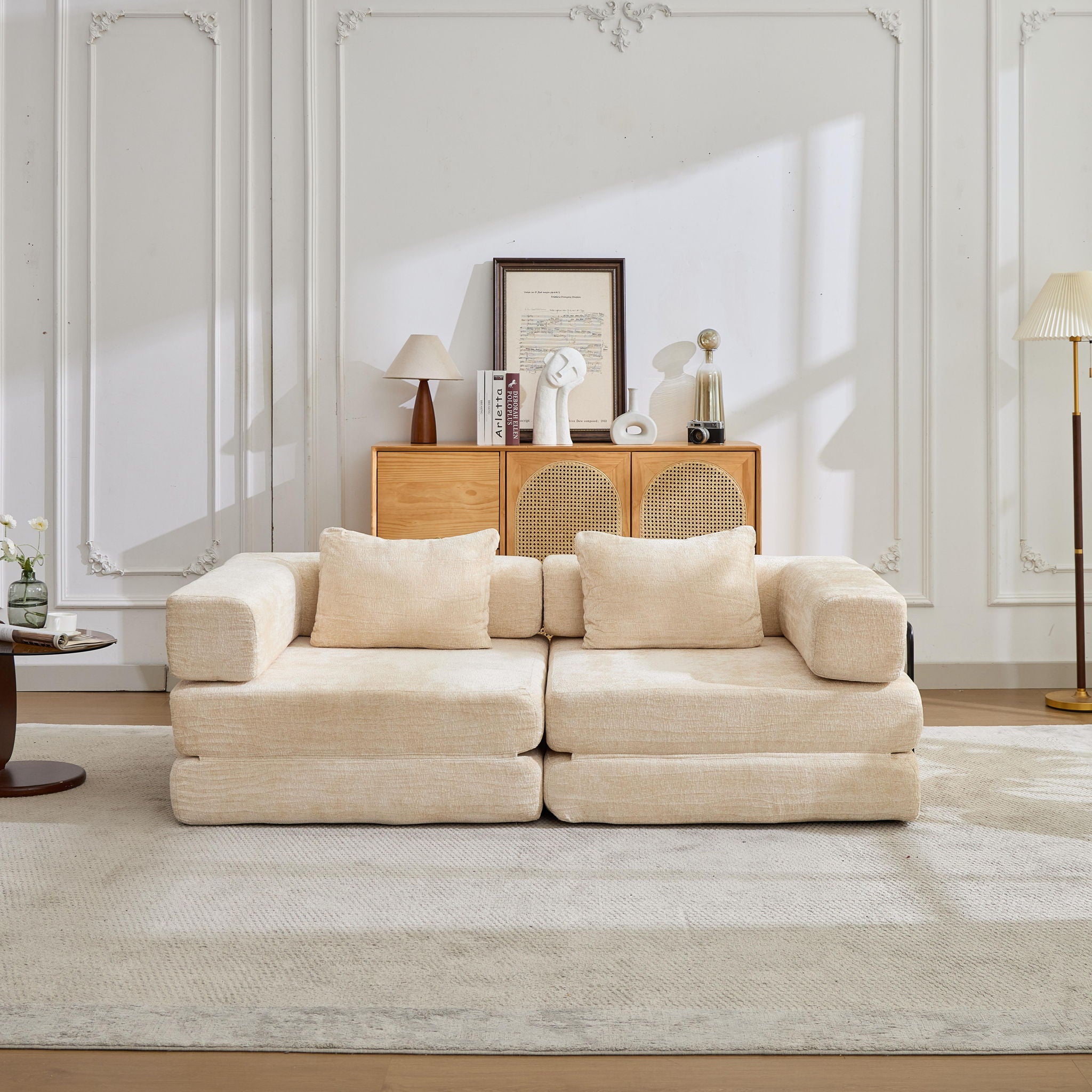 Convertible Floor Sofa Bed With Fixed Shape Frame, Loveseats Boneless Modular Sectional, For Living Room - Beige