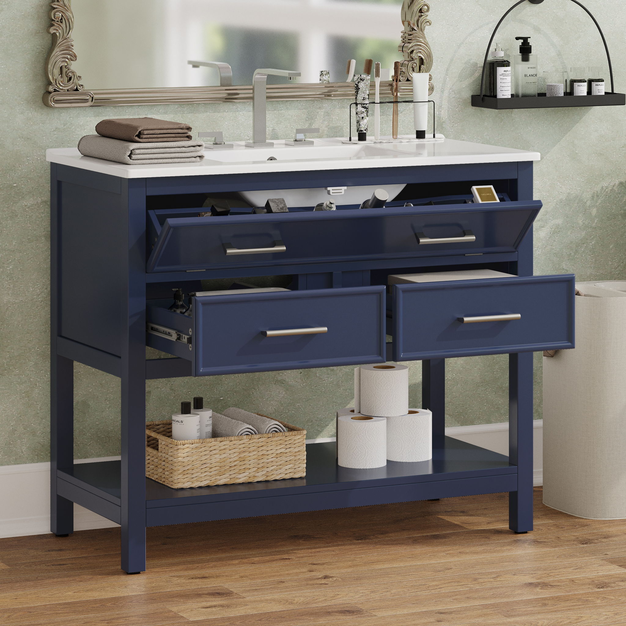 Bathroom Vanity With Ceramic Sink, Tip Out Tray & 2 Full Extension Drawers