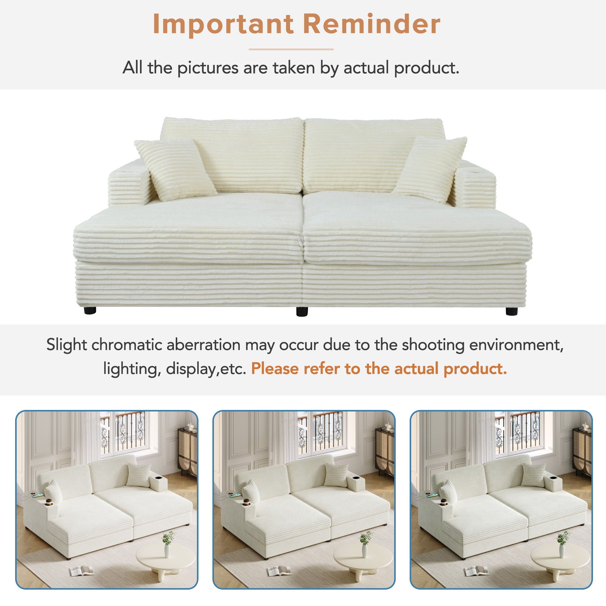 Oversized Loveseat Chaise With 2 USB Ports, 2 Cup Holders And 2 Throw Pillows
