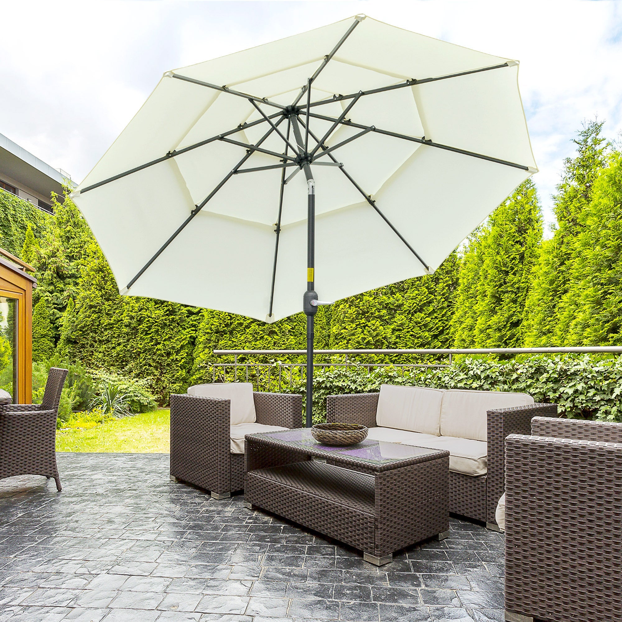 9ft 3 tiers patio umbrella outdoor market umbrella with crank, push button tilt for deck, backyard and lawn, beige
