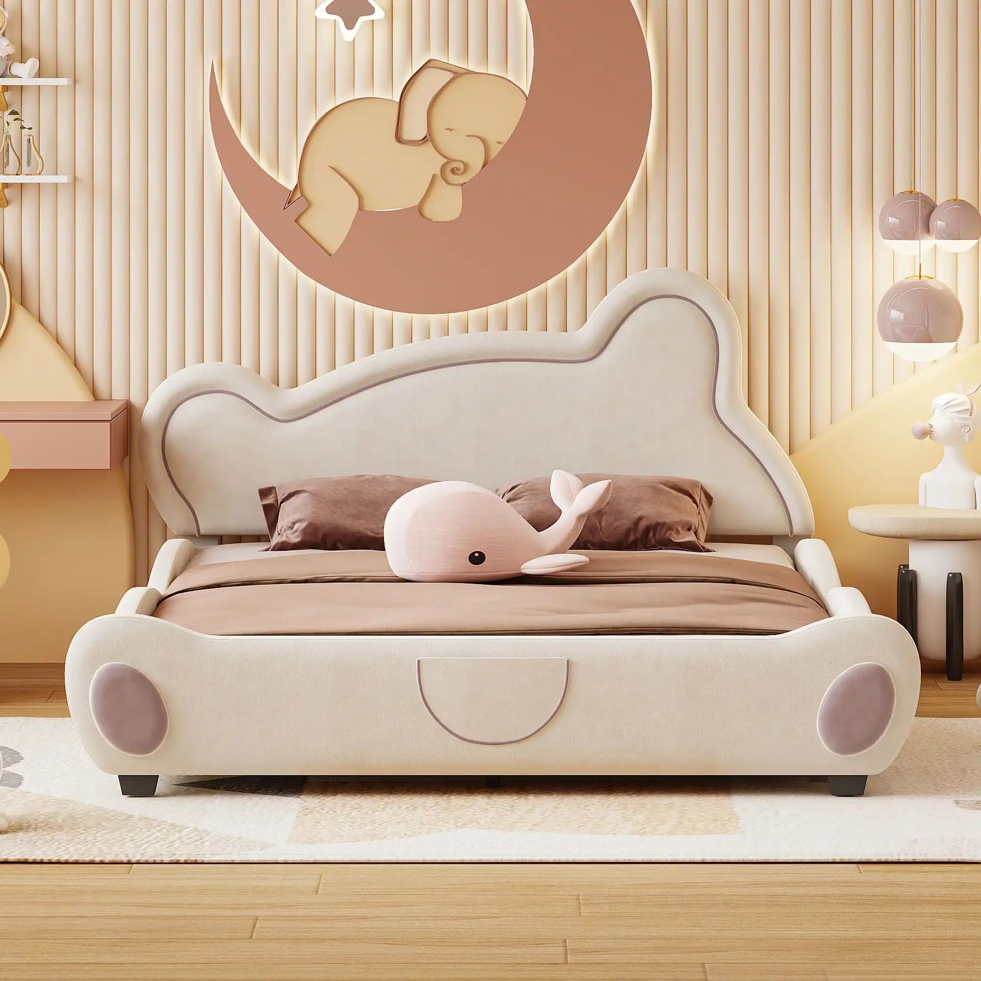 Queen Size Velvet Platform Bed with Bear-Shaped Headboard, with Bed-End Storage Pocket, Beige