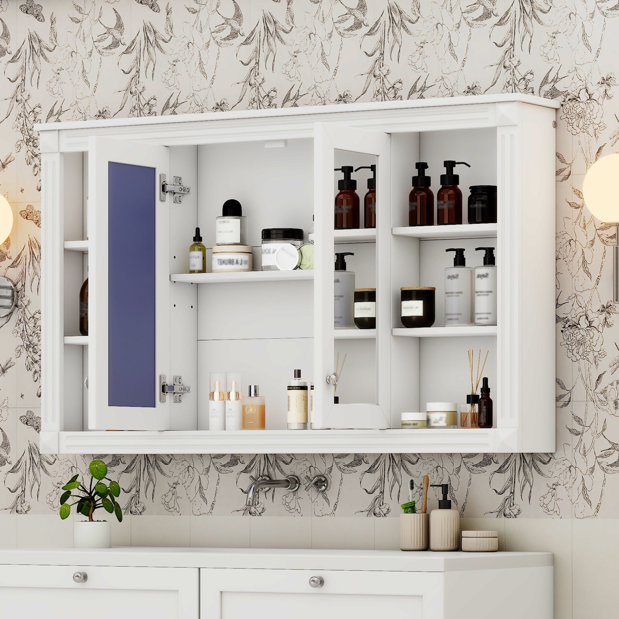 Wall-Mounted Mirror Cabinet With Adjustable Shelf And Open Shelves