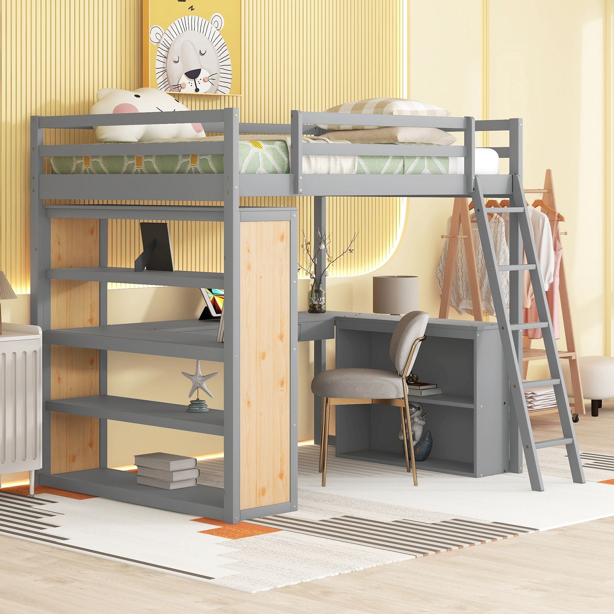 Loft Bed With Ladder, Shelves, And Desk