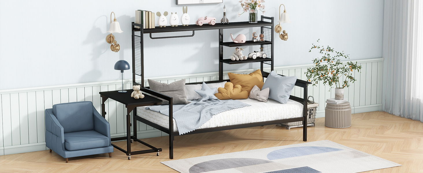 Daybed With Movable Desk, Grid, Shelves And Clothes Hanger