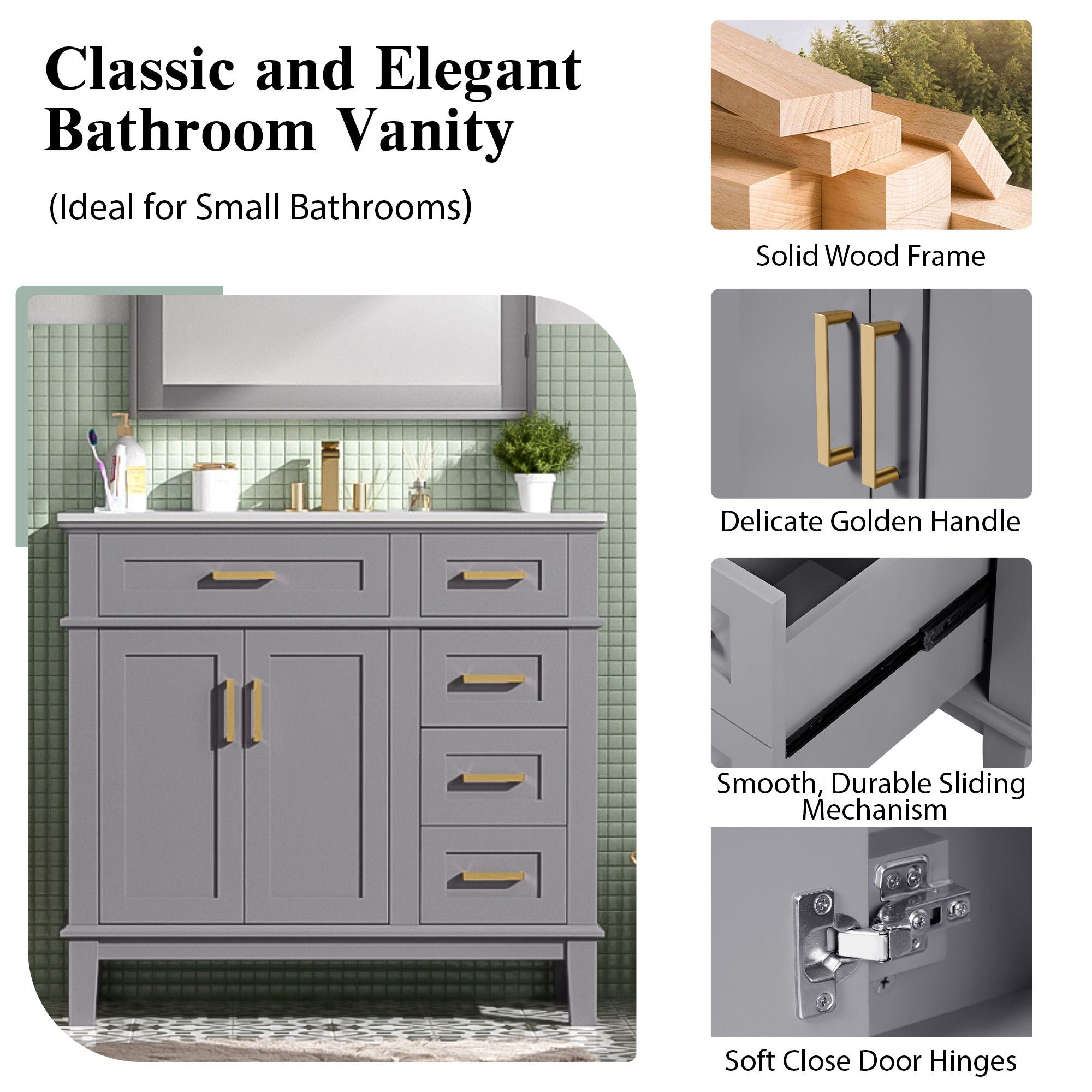 Bathroom Vanity With Sink, Soft Close Doors, And Storage Drawers - Gray