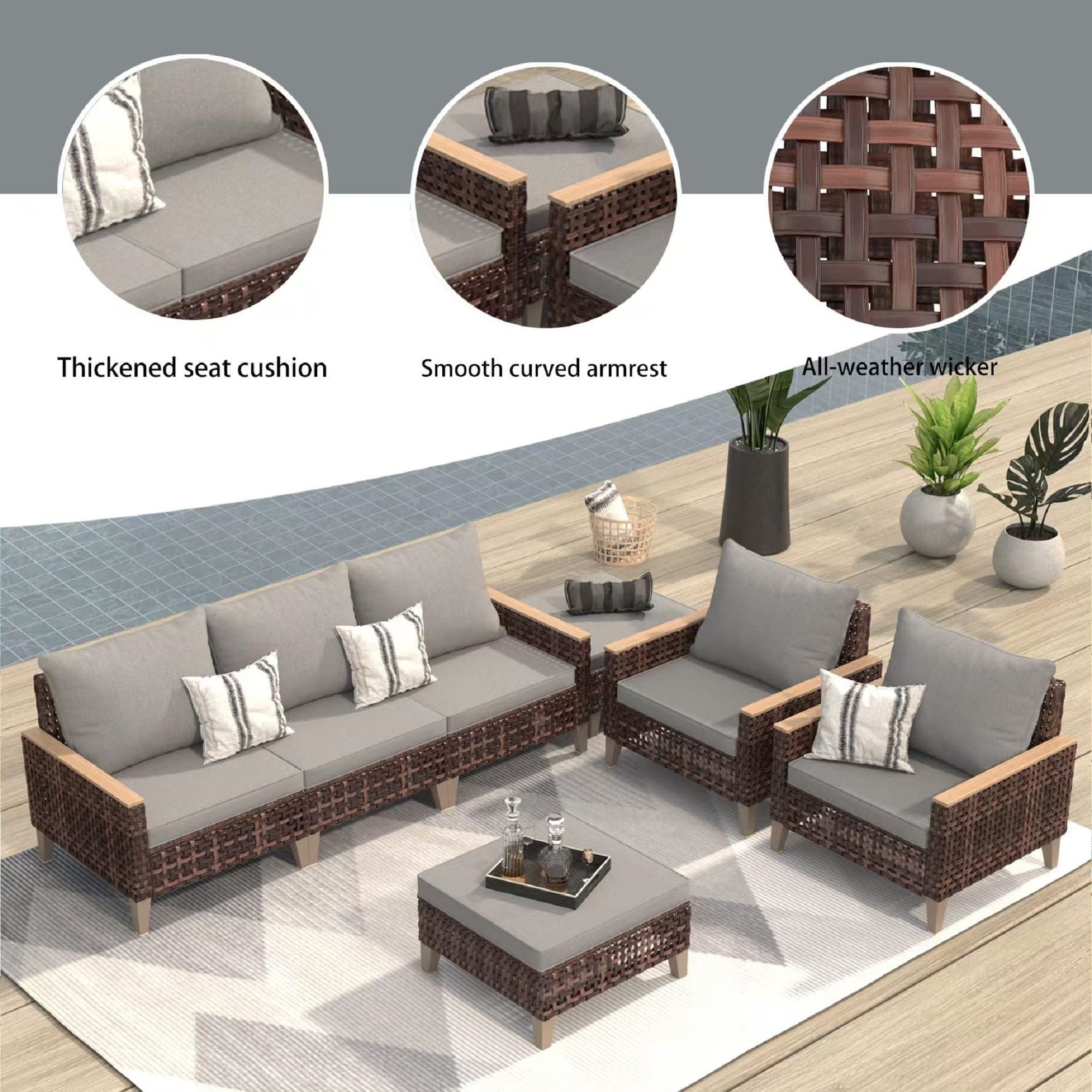5 Piece Rattan Terrace Furniture Set, 7 Seats Cushions, High Footed Design