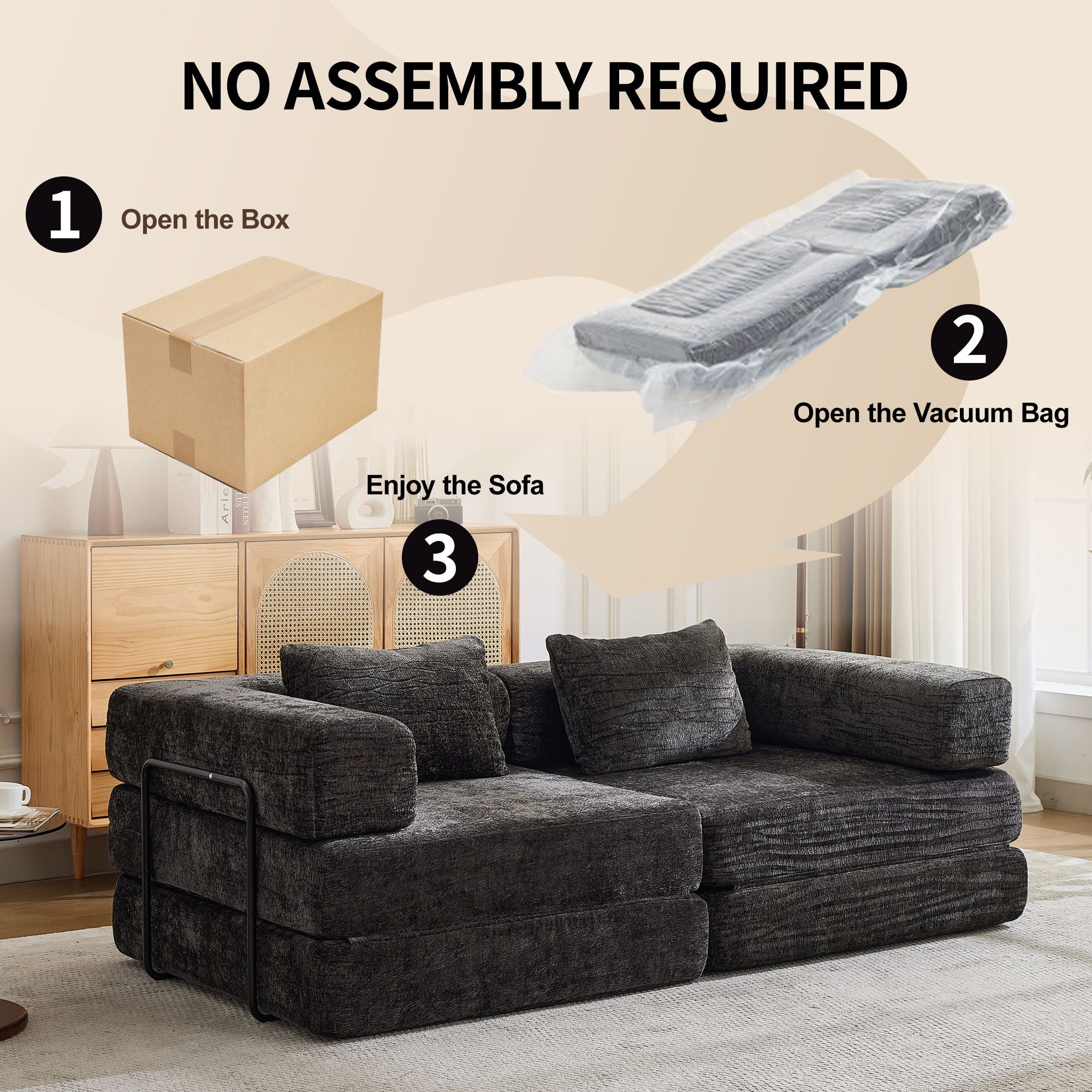Convertible Floor Sofa Bed With Fixed Shape Frame, Loveseats Boneless Modular Sectional, For Living Room - Black