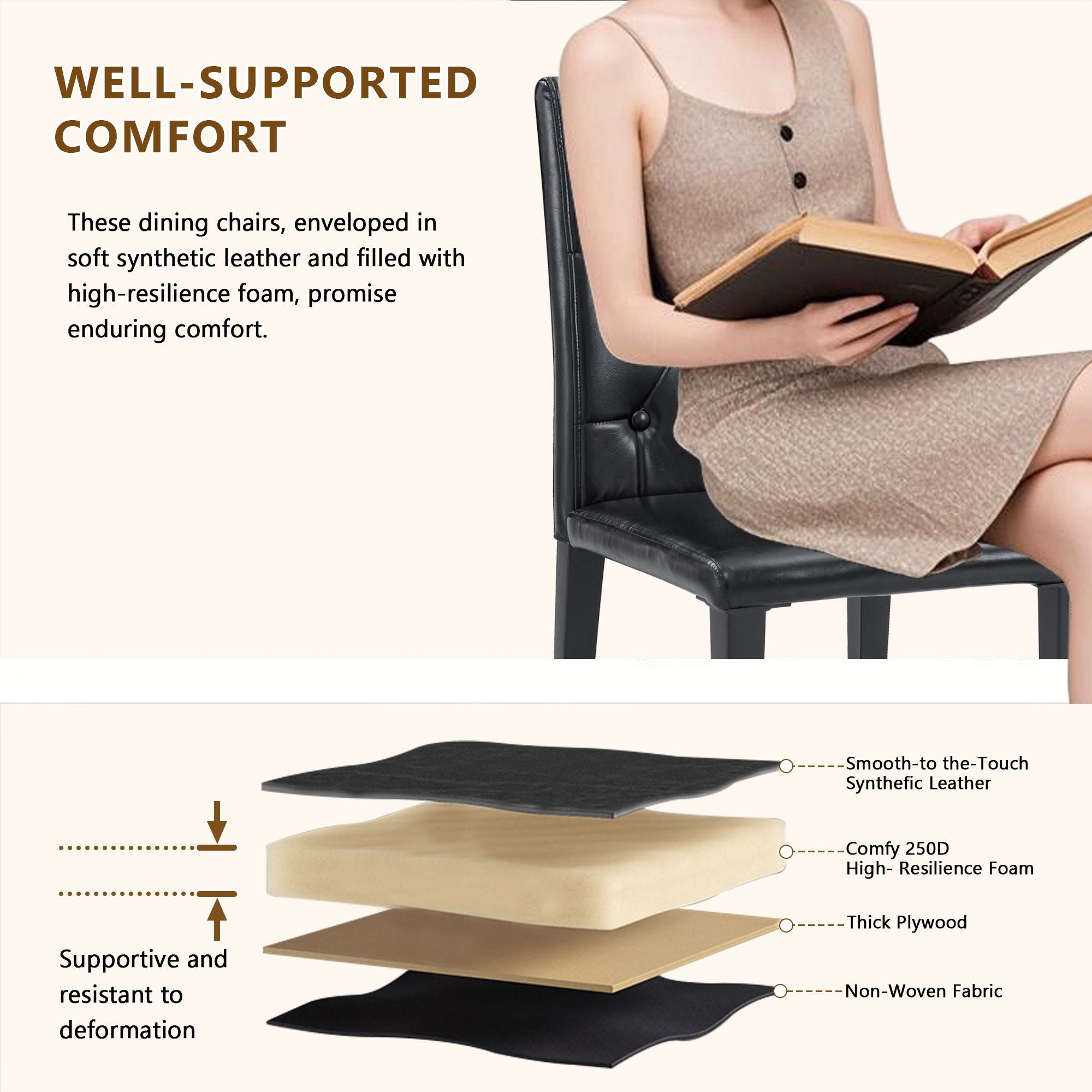 Dining Chairs With Ergonomic Buckle Backrest, Comfortable & Textured For Home (Set of 4) - Black