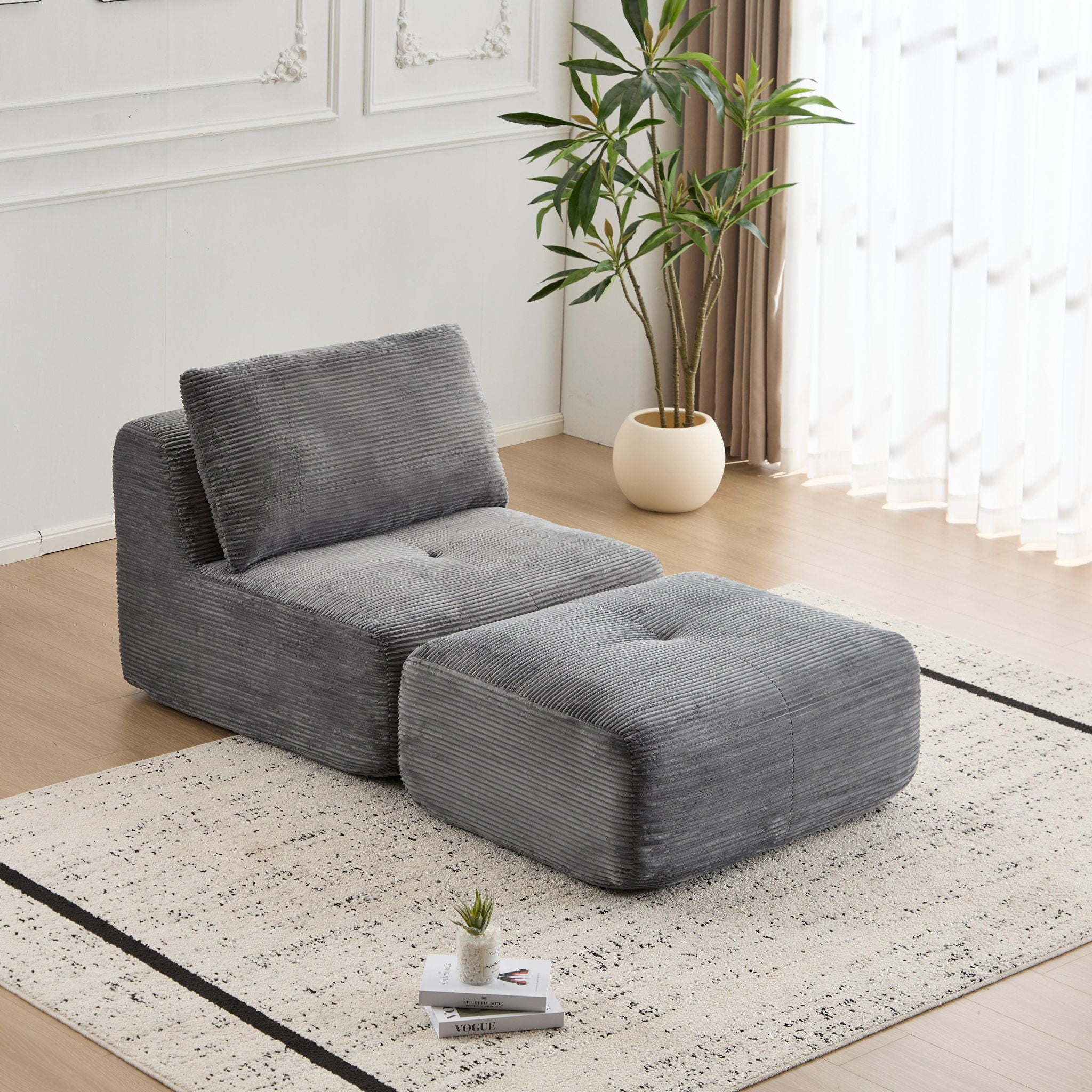 Compressed Sofa, Single Chaise Longue, Movable Ottoman For Living Room - Gray