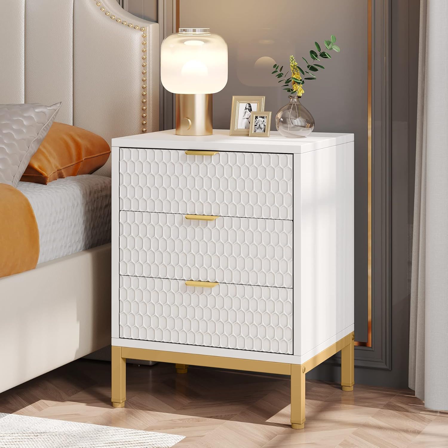 3 Drawer Nightstand With Hexagon Pattern, Storage Table For Living - White