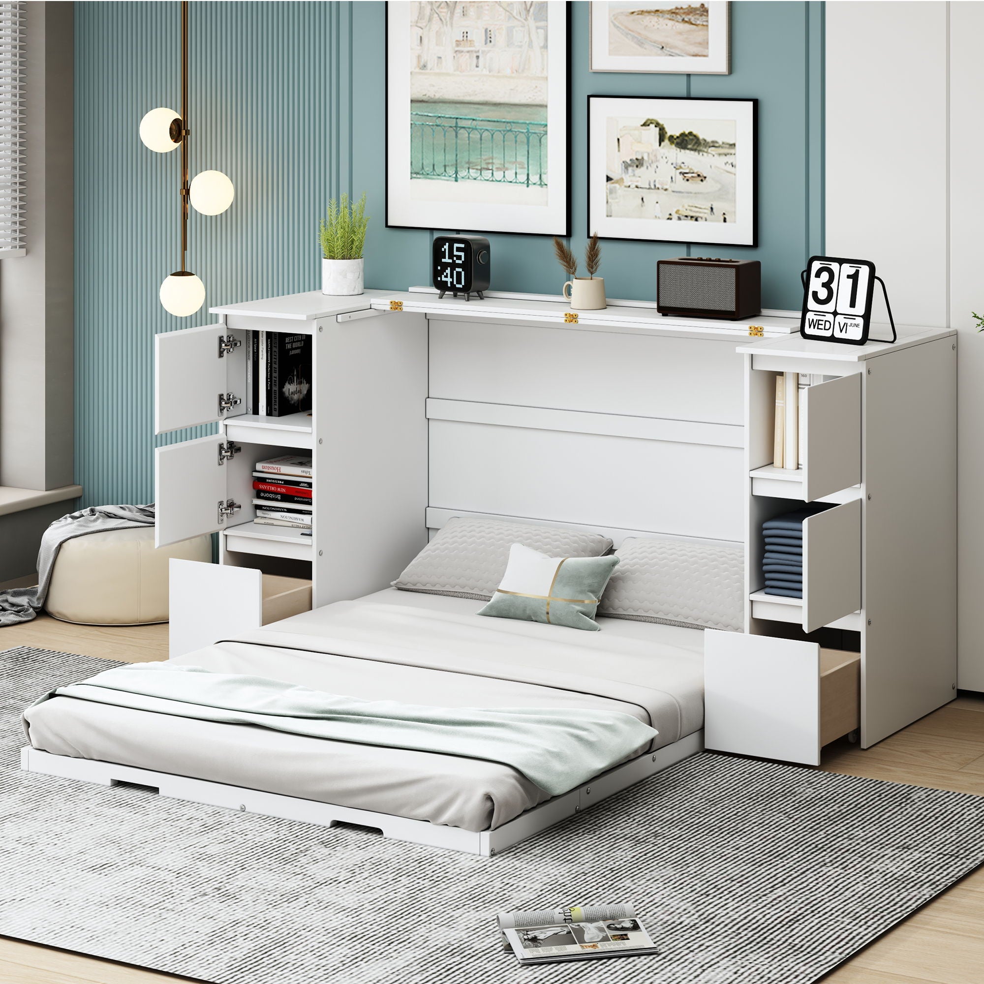 Murphy Bed With Drawers, Cabinets, And USB Ports