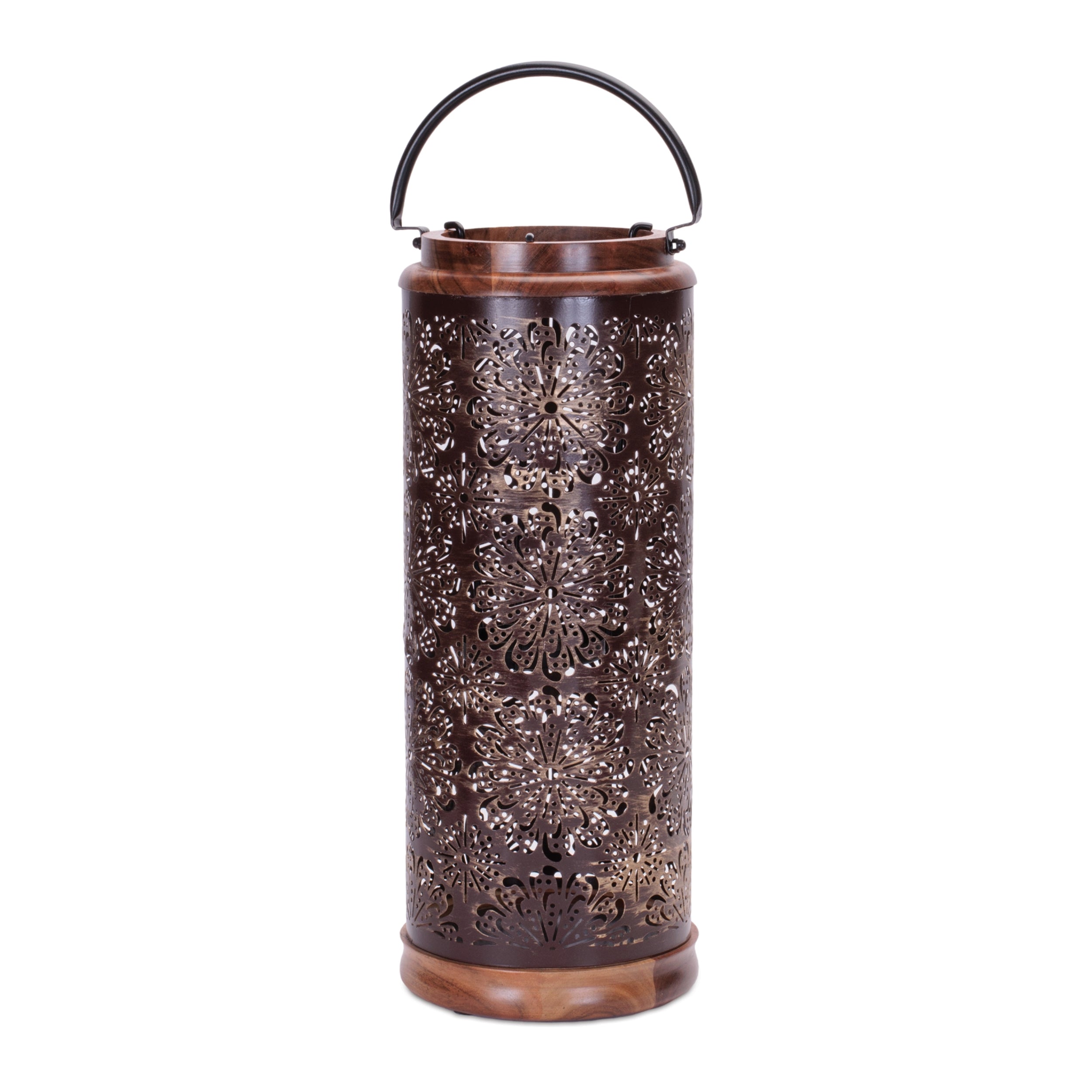 Punched Metal Lantern with Natural Wood Accents 19"H