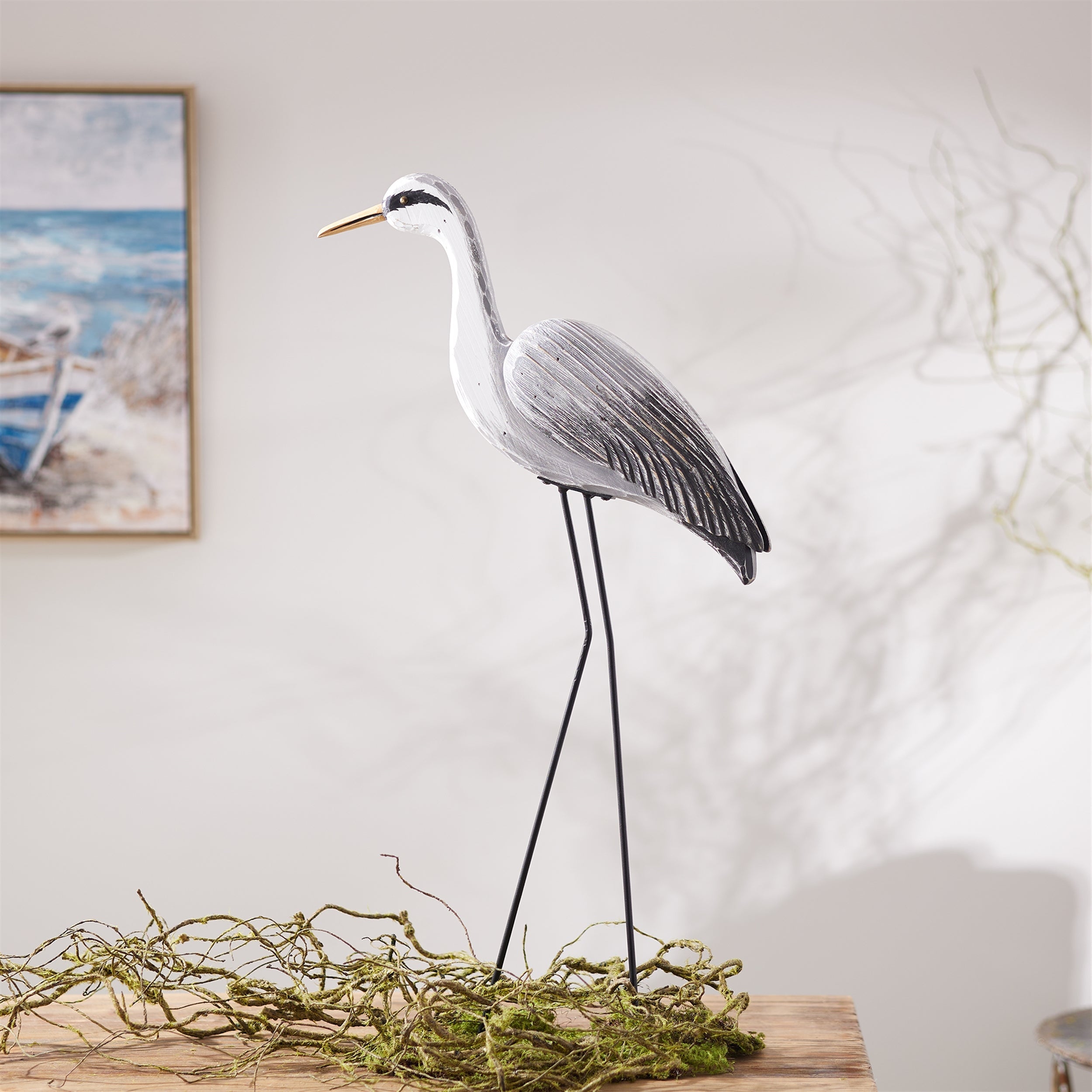 Paulownia Wood Heron Bird Statue with Metal Legs Base 29.5"H