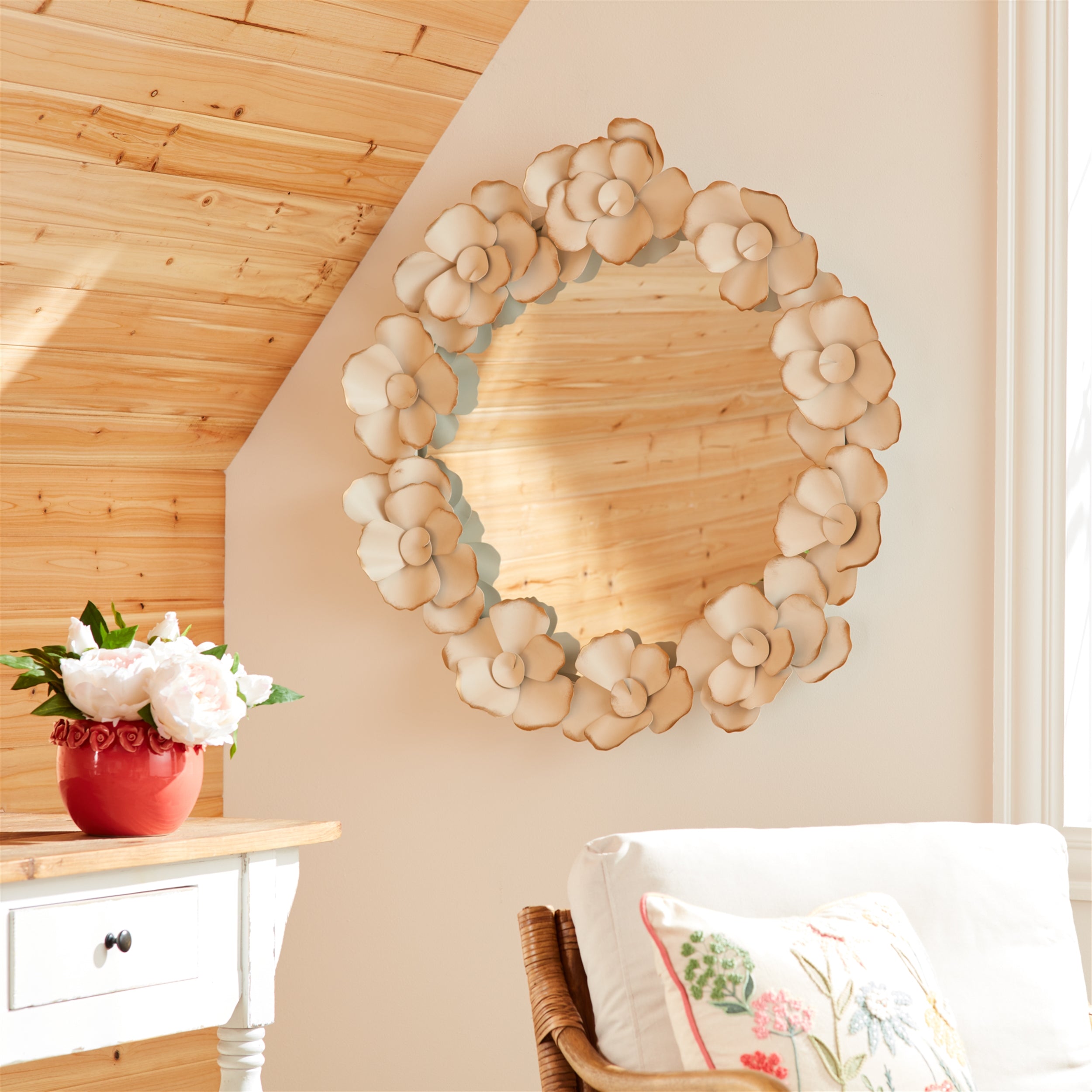 Metal floral sculpture wall mirror 32"d