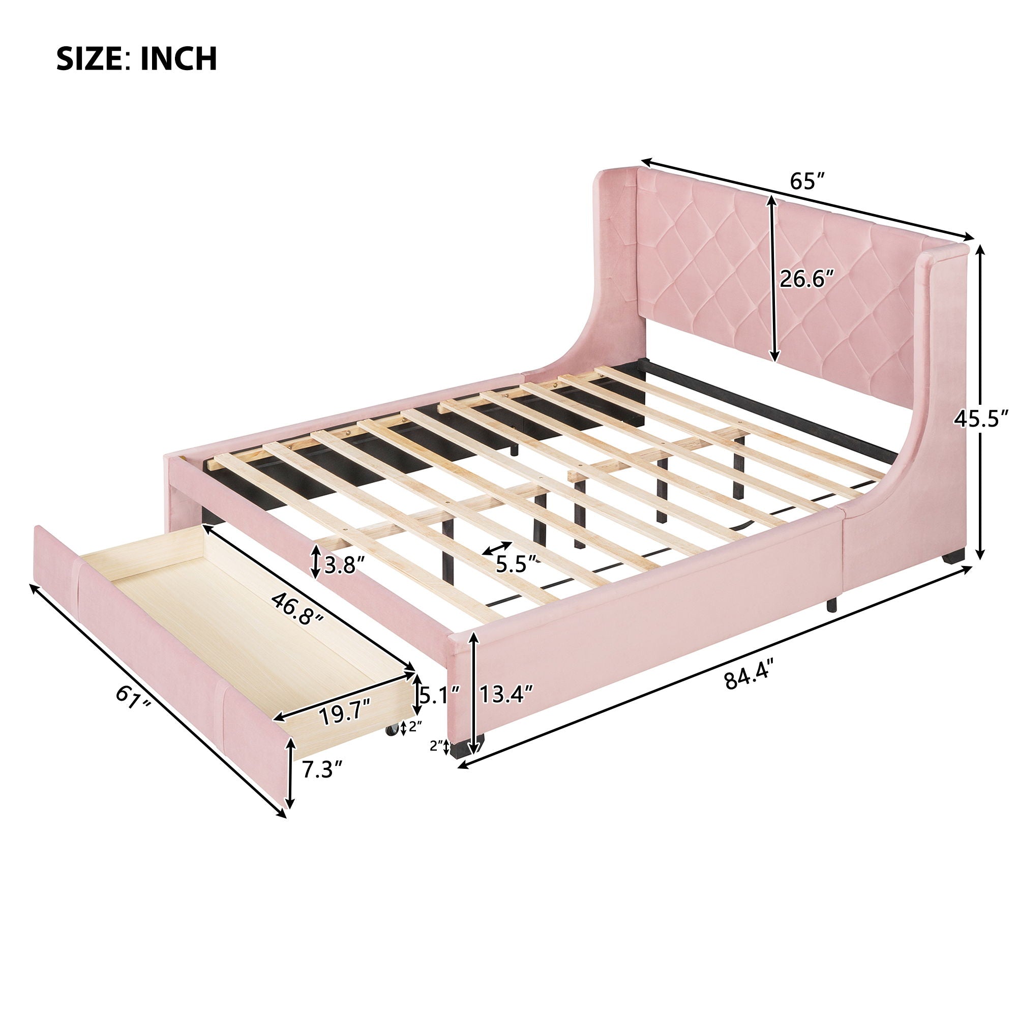 Storage Bed Velvet Upholstered Platform Bed With Wingback Headboard And A Big Drawer