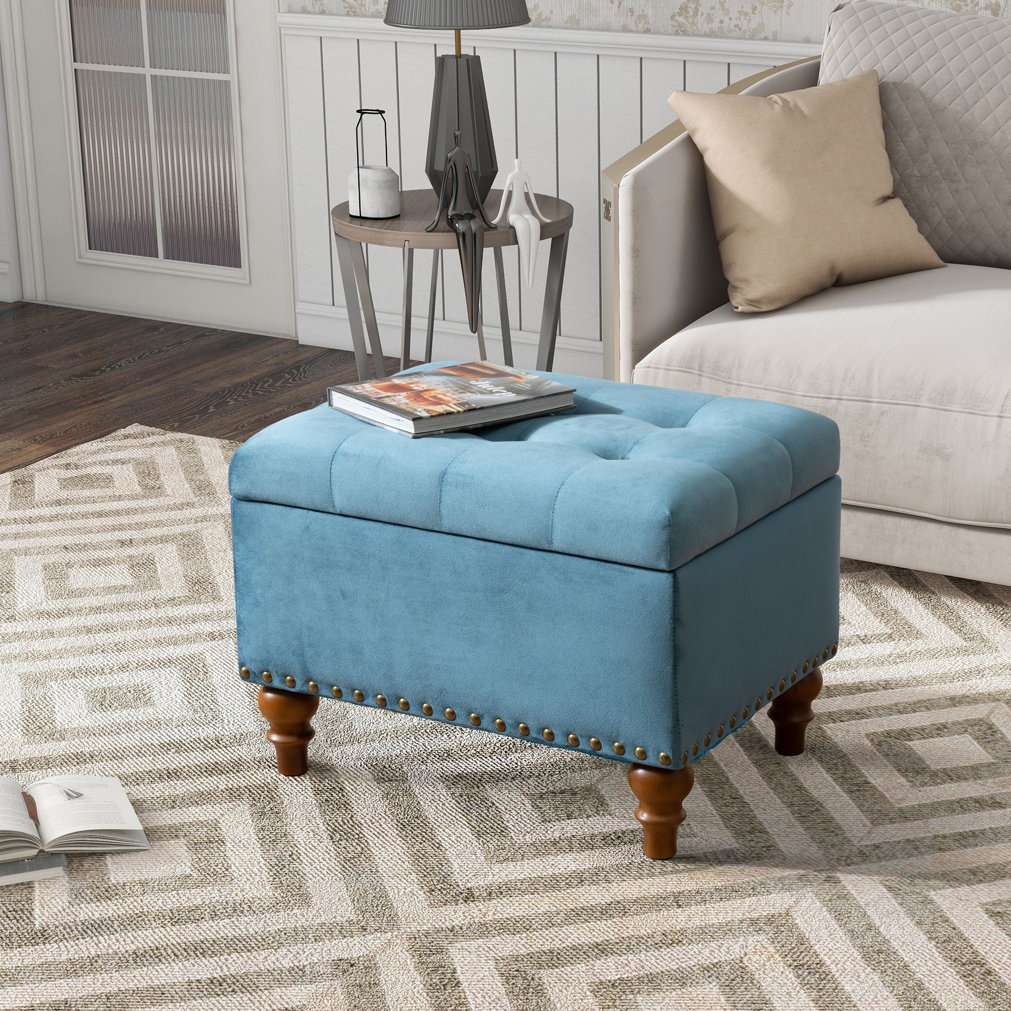Upholstered Ottoman With Storage And Rivet Trim