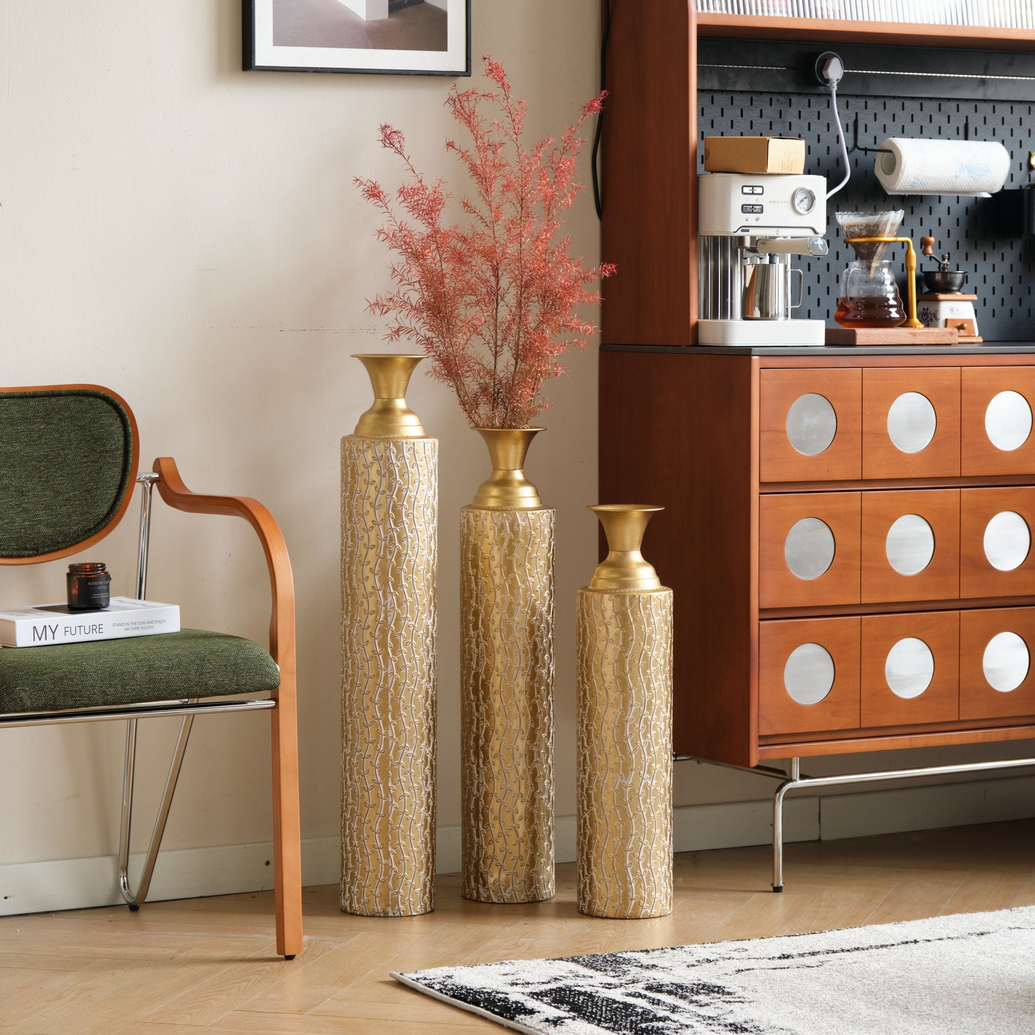 Metal Decorative Vases High Distress Metal Center Vases With Growing Vine Patterns, (Set of 3) Vases For Home Decoration - Gold - Best Buy Furniture