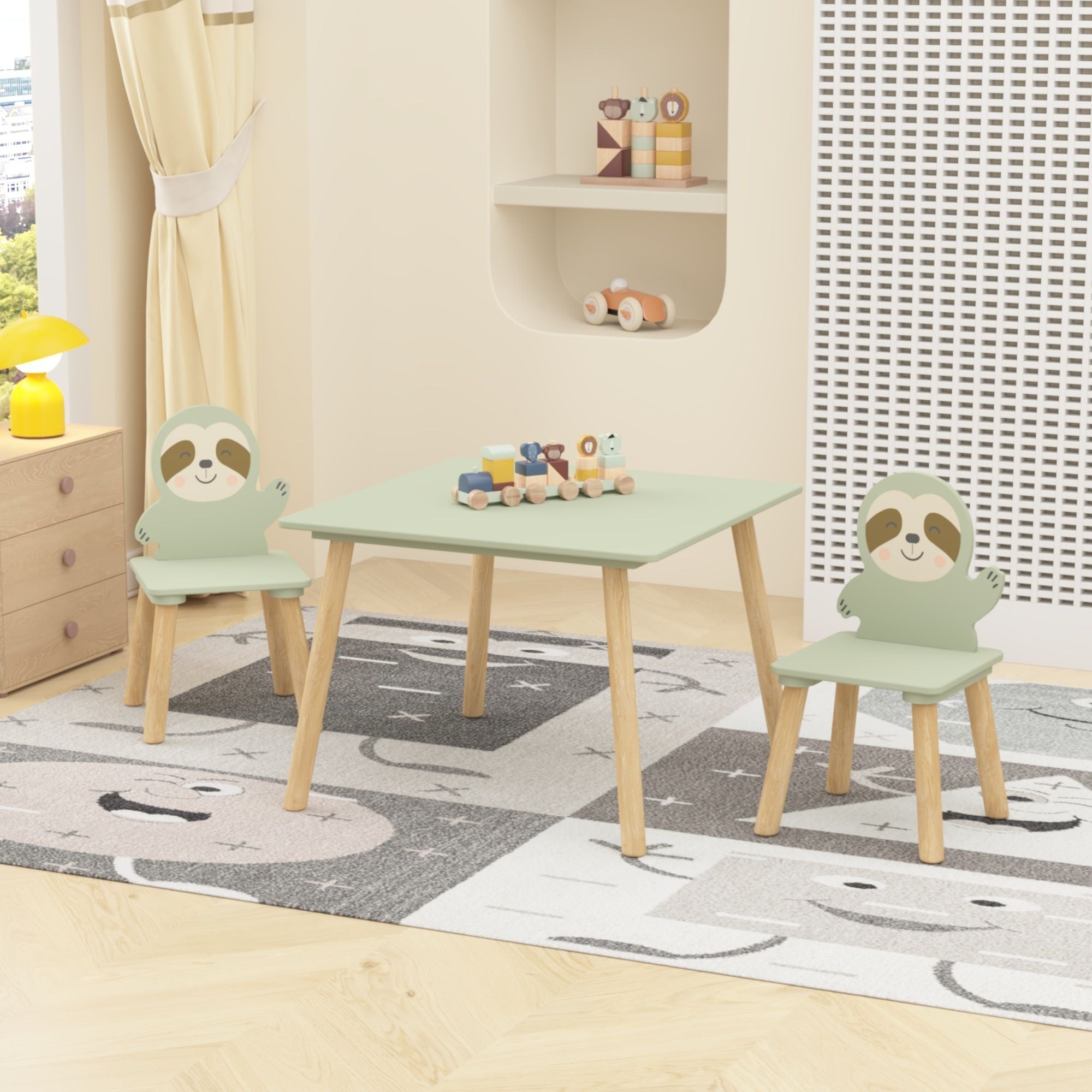 Sloth Themed Table And Chair Set With 2 Cute Animal Chairs - Natural Wood / Sage Green