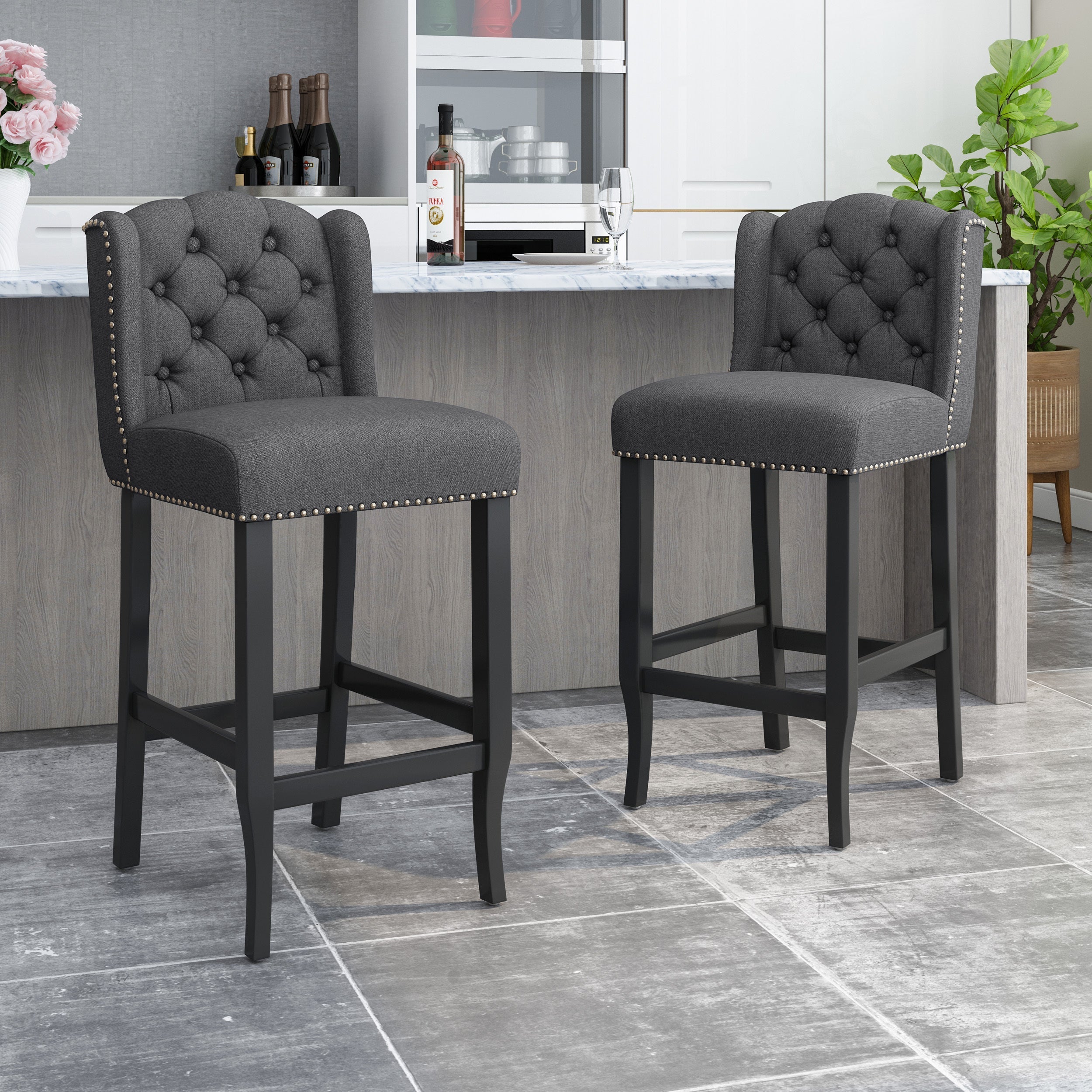 Fabric Tufted Counter Stool with Nailhead Accents - Set of 2