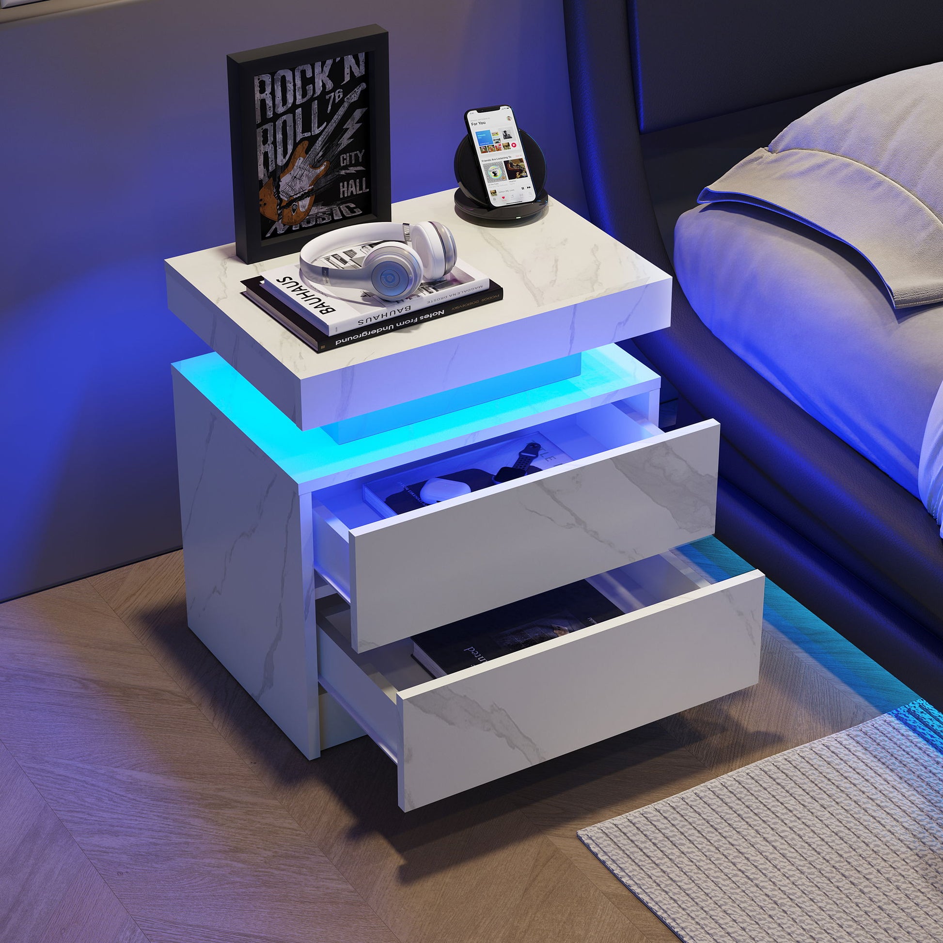 Nightstand LED, Bedside Table Cabinet With 2 Drawers For Bedroom - Best Buy Furniture