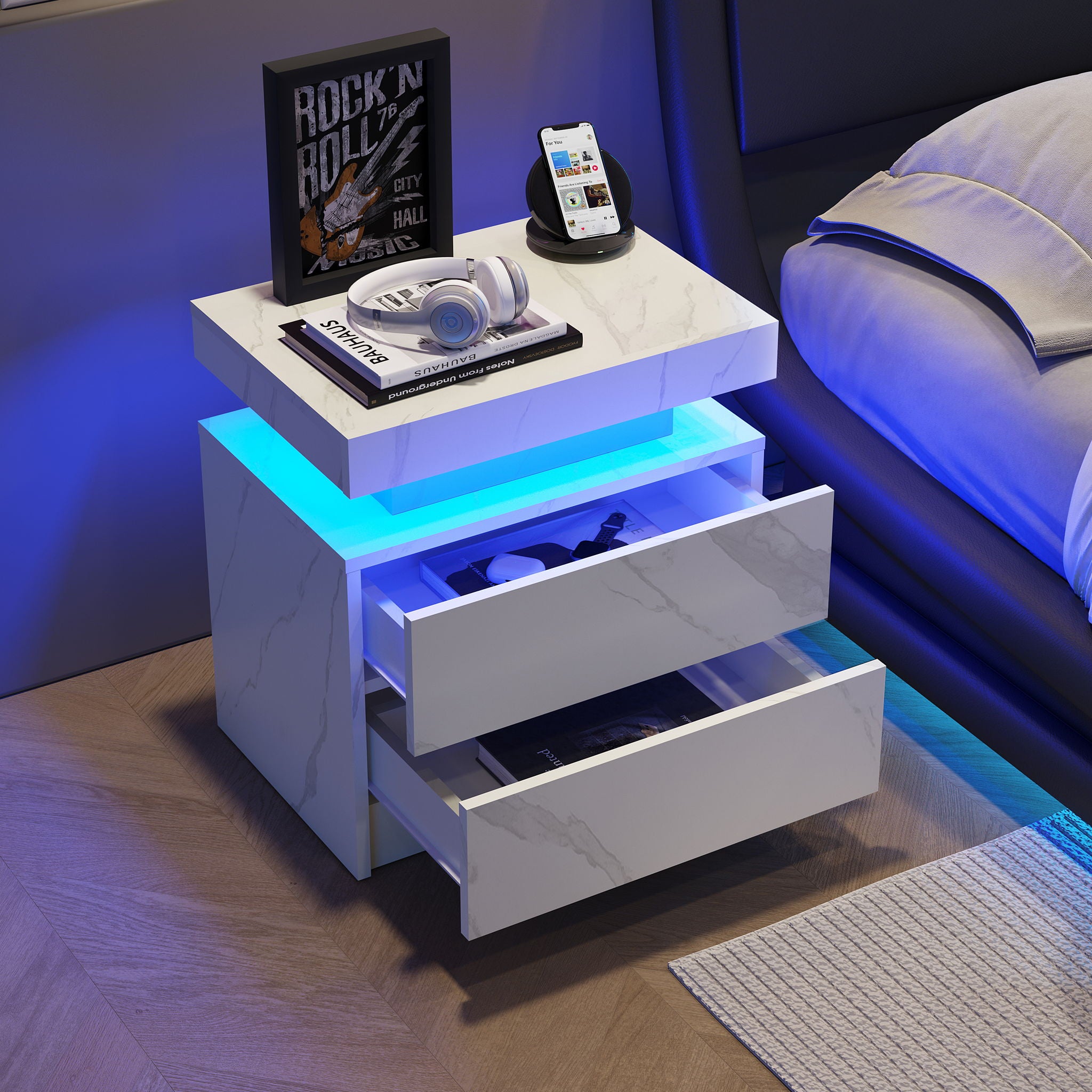 Nightstand LED, Bedside Table Cabinet With 2 Drawers For Bedroom - Best Buy Furniture