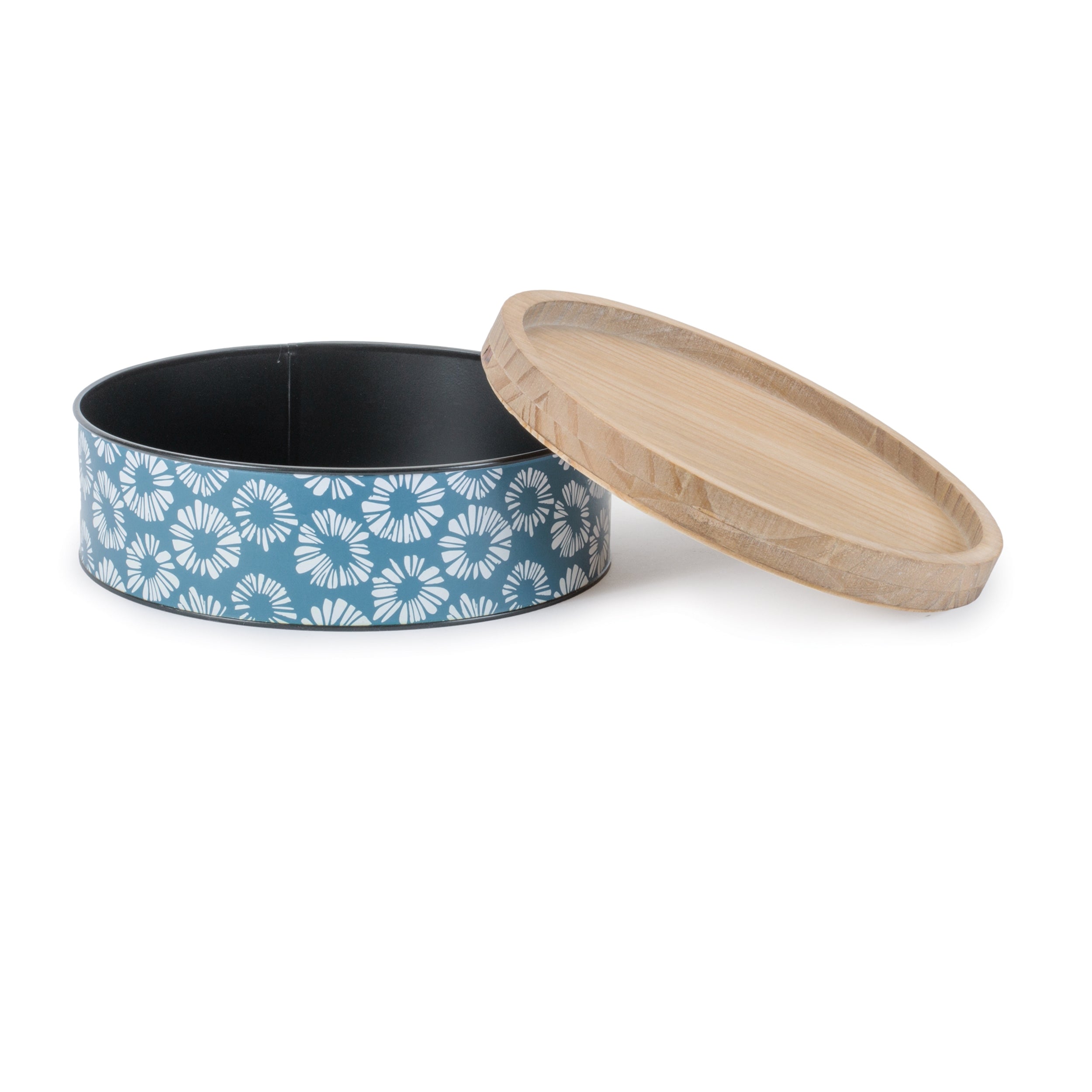 Metal patterned canister with natural wood lid (set of 2)