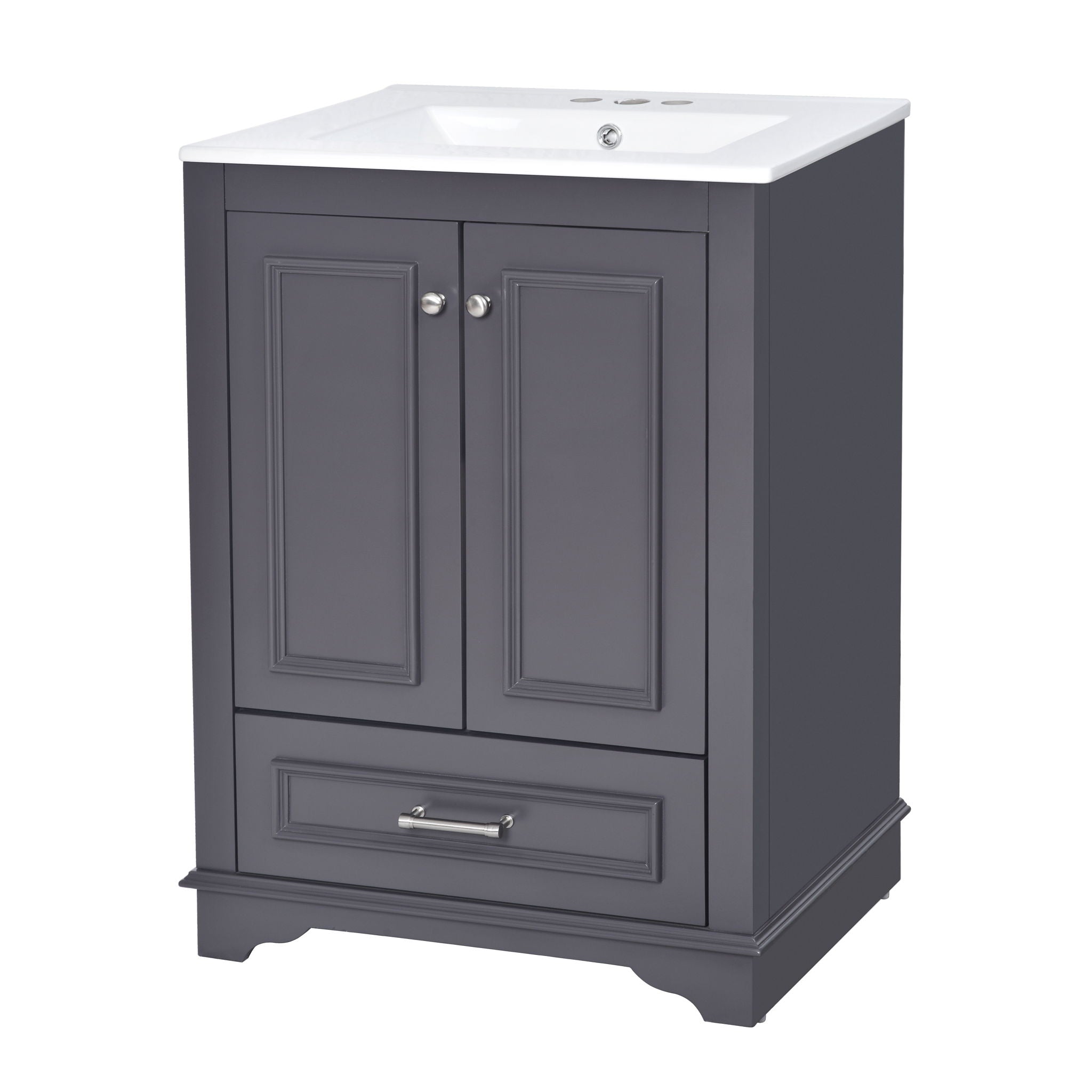 Bathroom Vanity With Ceramic Sink Combo, Modern Freestanding Storage Cabinet With Silver Handles