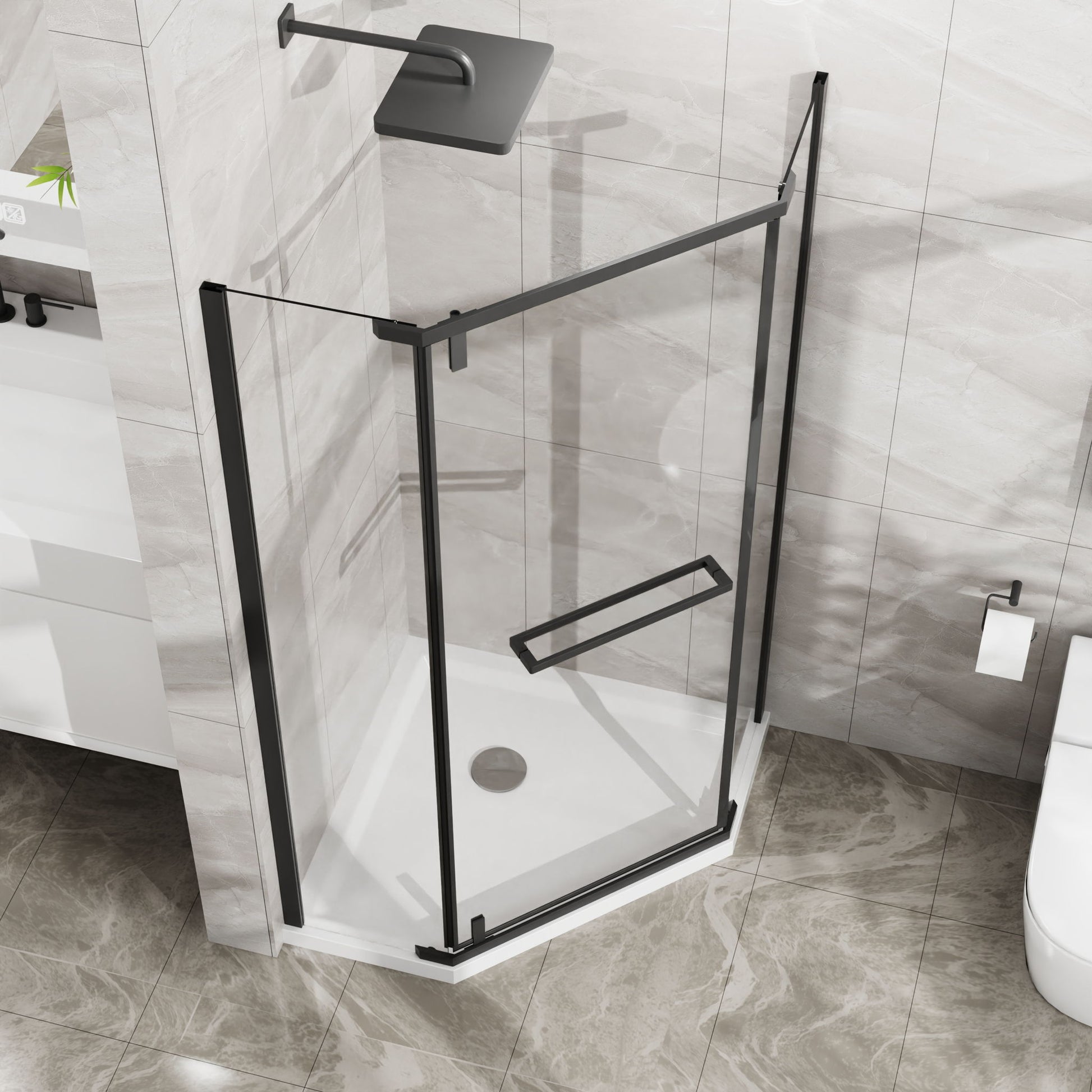 Neo Angle - Frameless Shower Door With White Acrylic Shower Base Combo - Matte Black - Best Buy Furniture