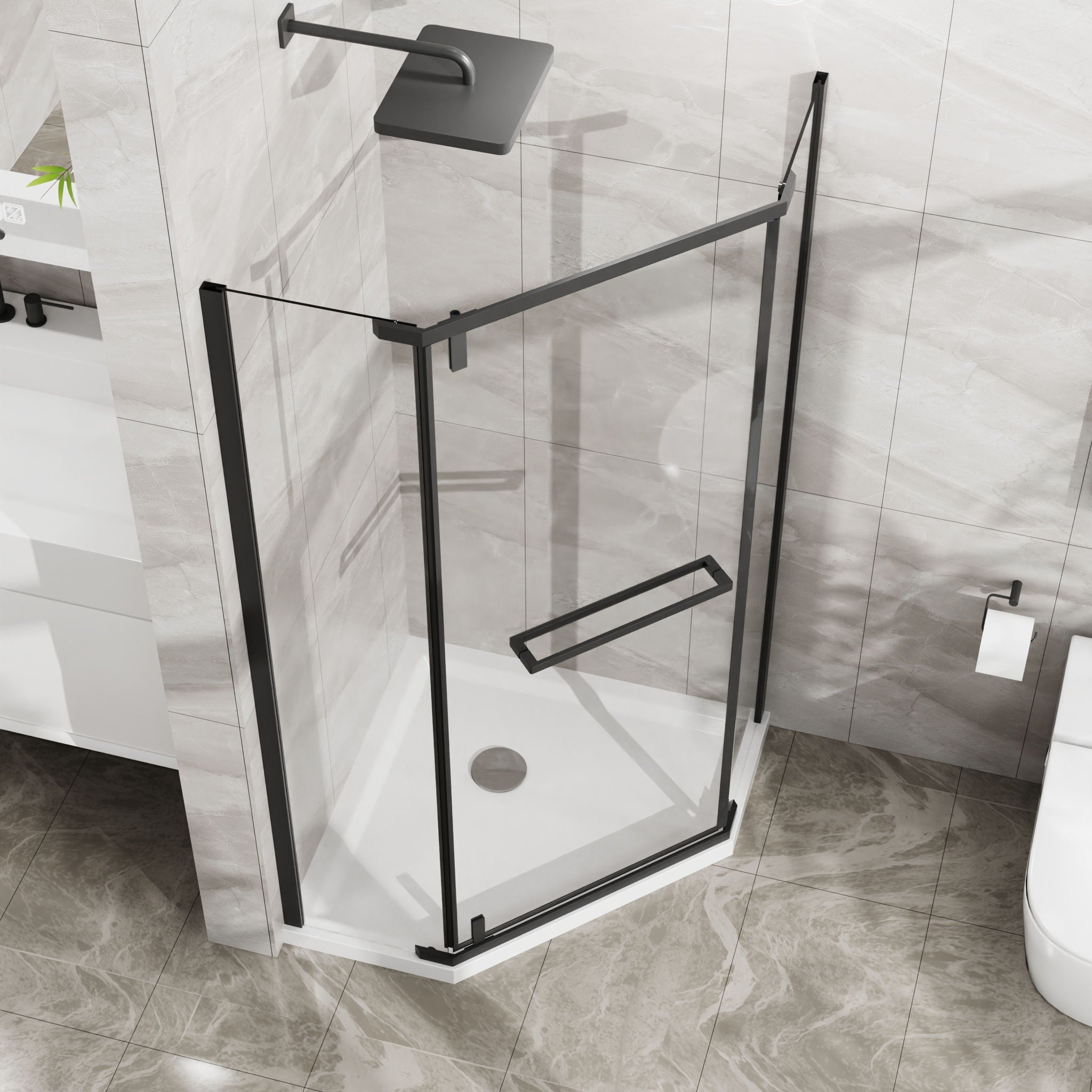 Neo Angle - Frameless Shower Door With White Acrylic Shower Base Combo - Matte Black - Best Buy Furniture