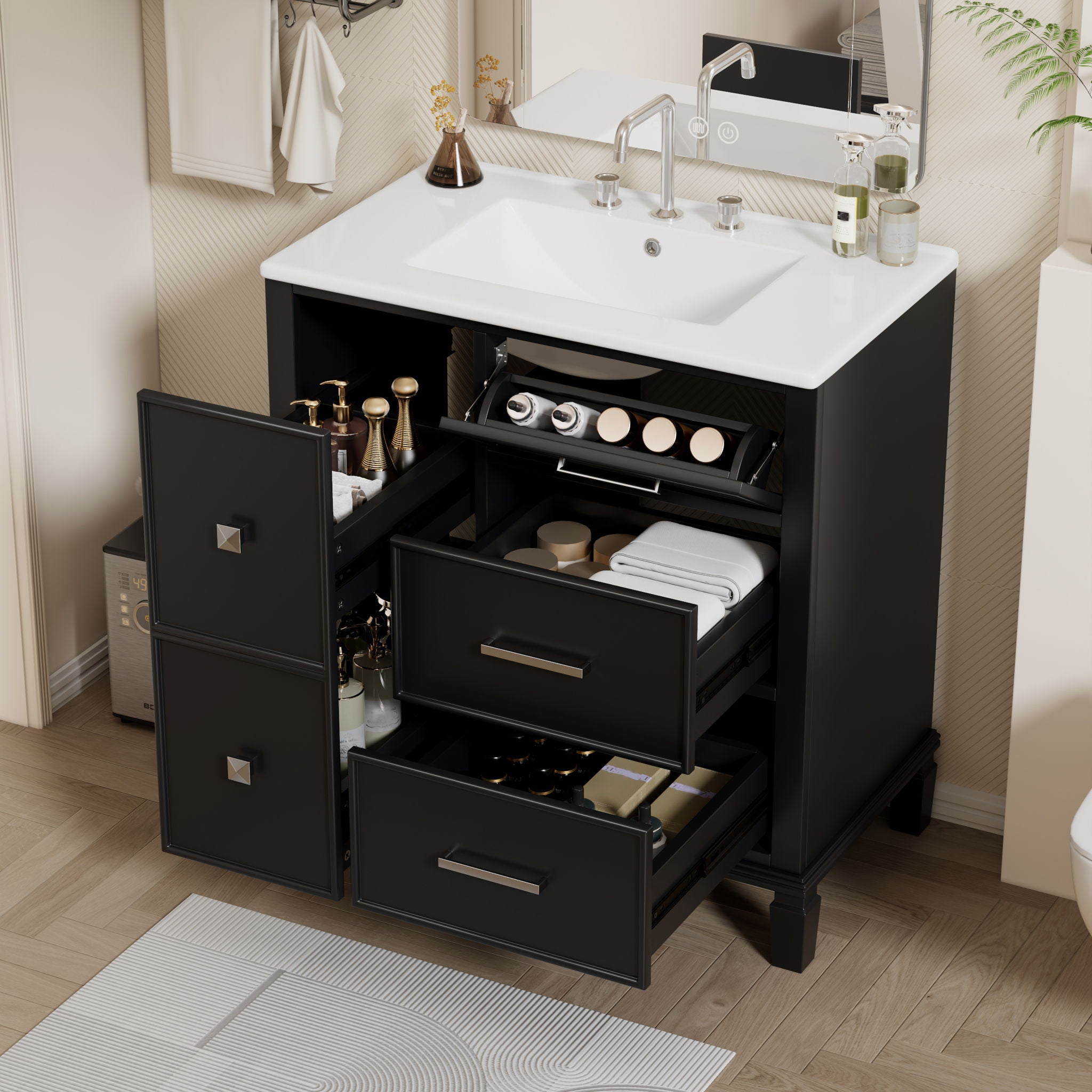 Bathroom Vanity With Ceramic Sink, Flip Out Drawer Design For Plumbing, Soft Close Drawers