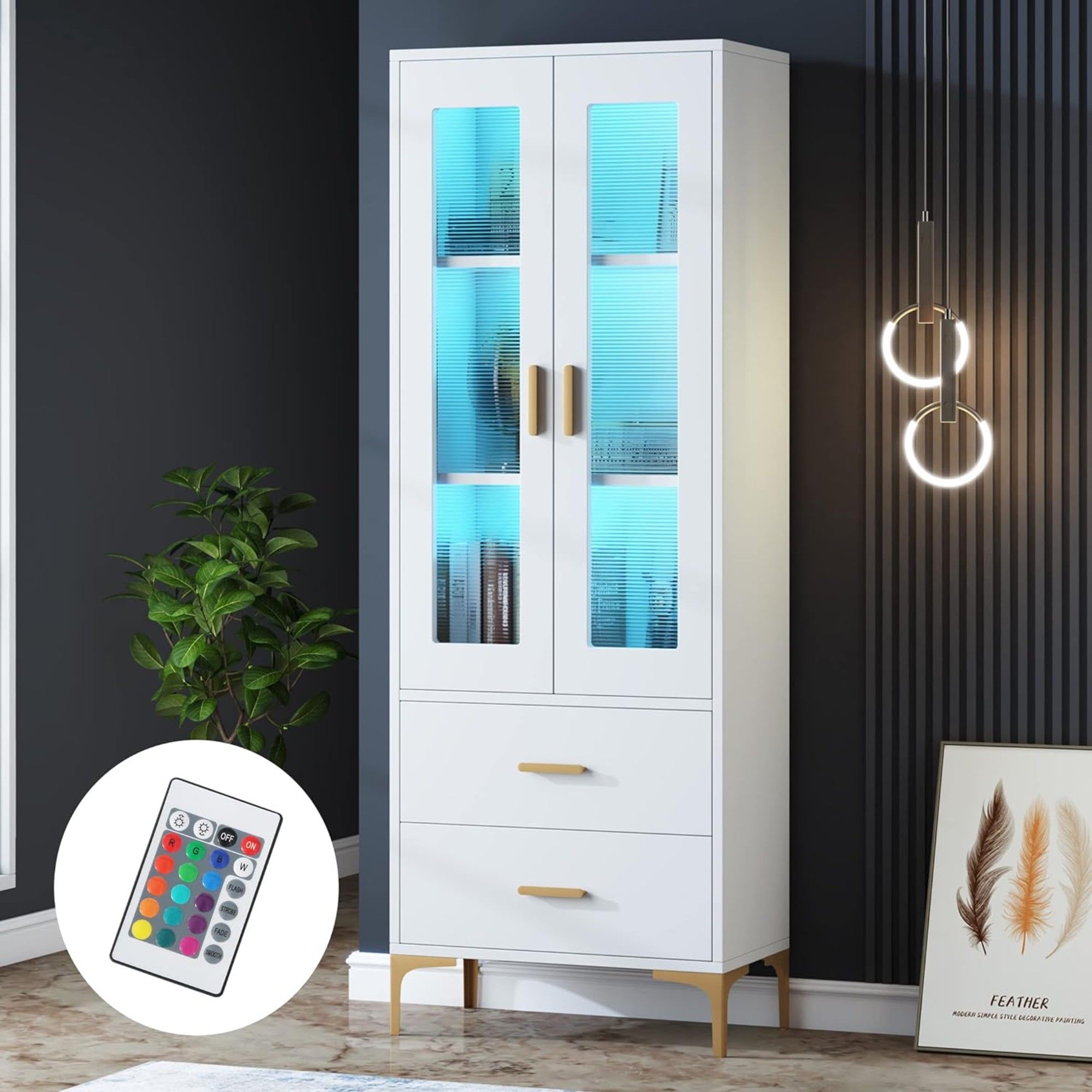 Bookcase With Doors, Drawers & RGB LED Light Tall Storage Cabinet For Living Room - White