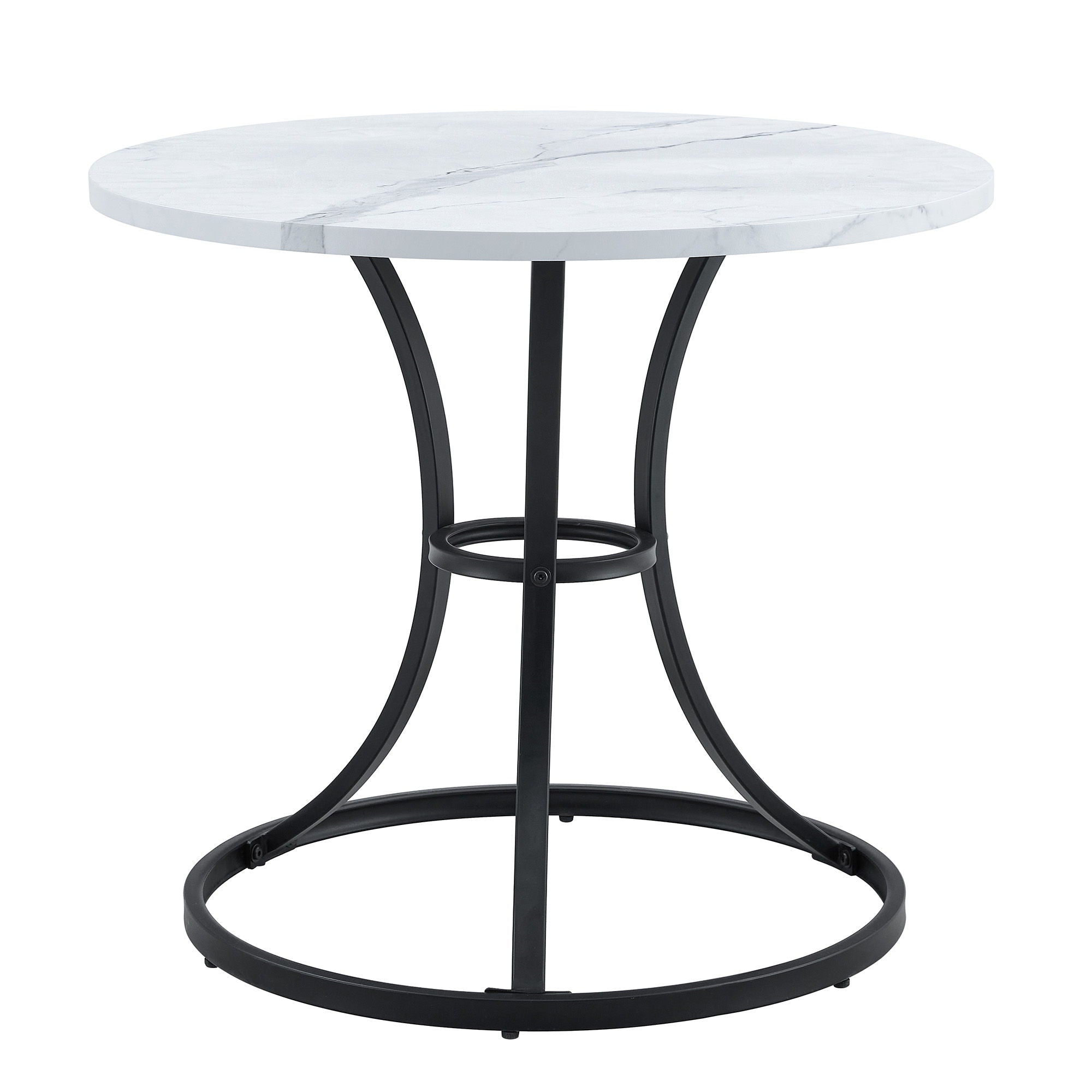 Modern Minimalist Circular Dining Table With Marble Texture And Metal Legs - White / Black
